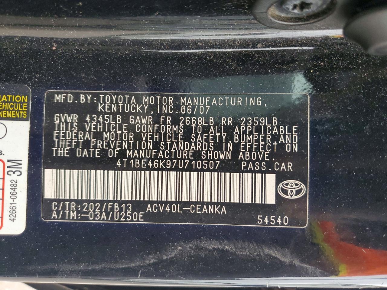 2007 Toyota Camry Ce Black vin: 4T1BE46K97U710507