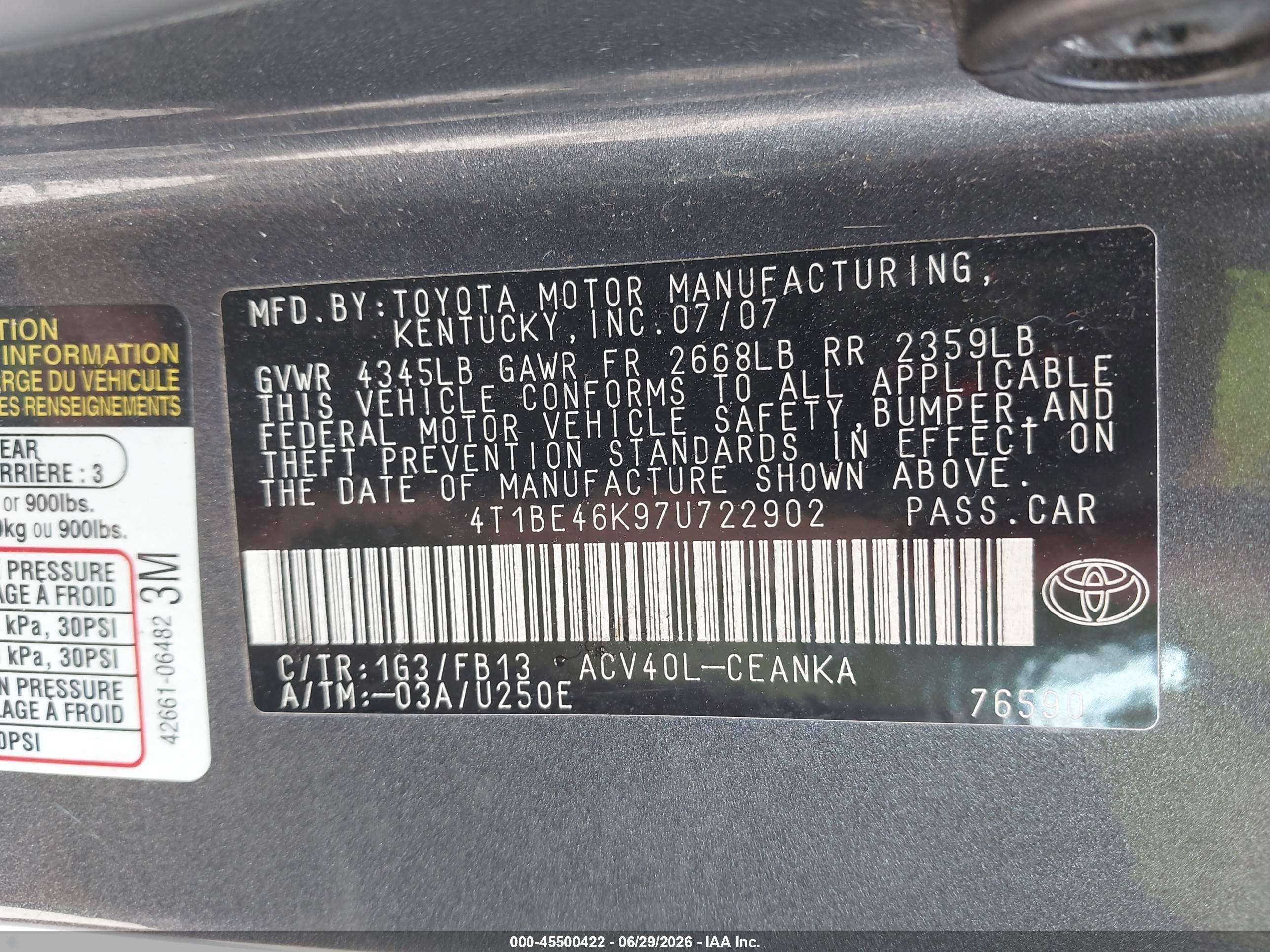 2007 Toyota Camry Le Gray vin: 4T1BE46K97U722902