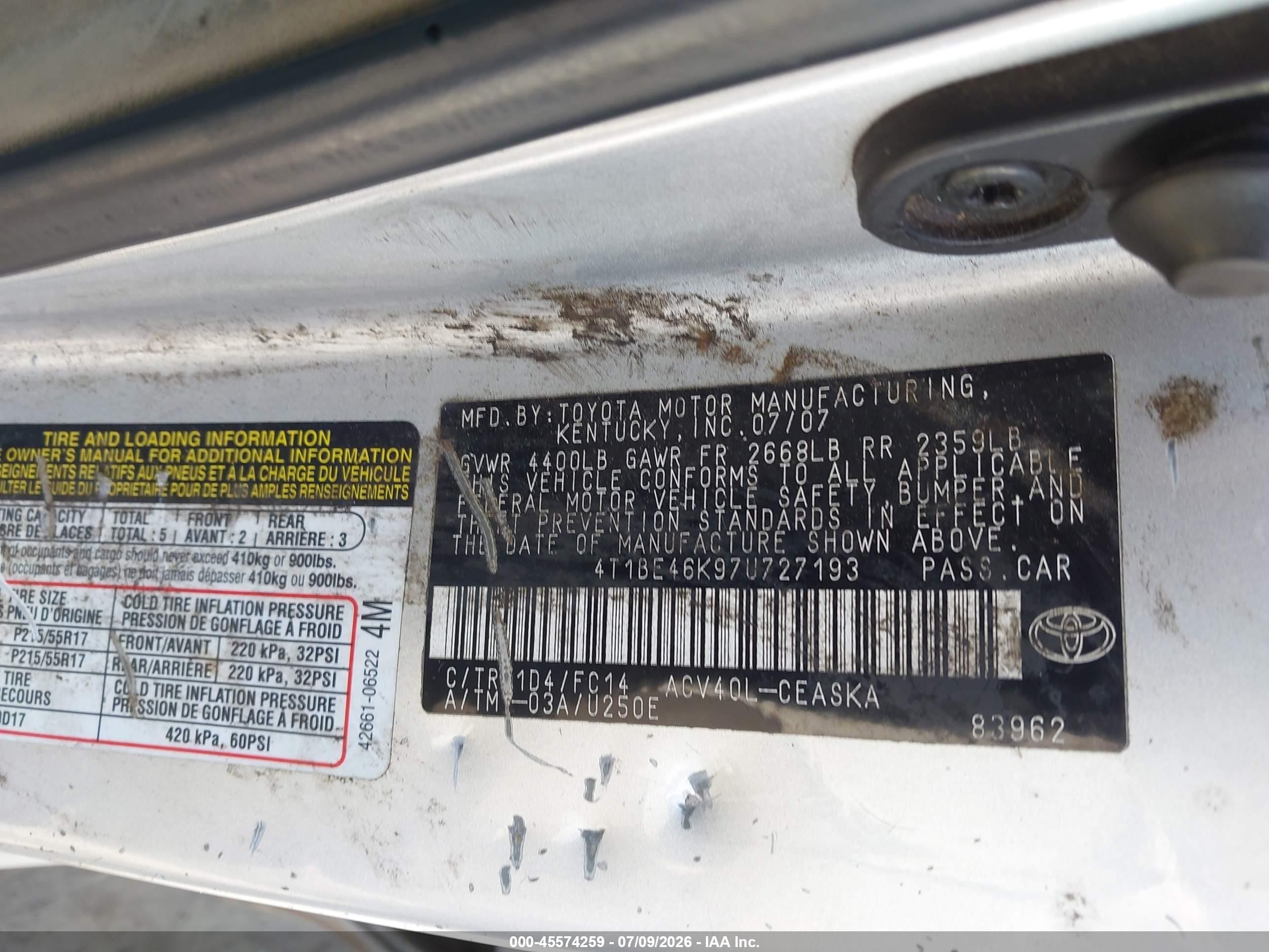 2007 Toyota Camry Se Silver vin: 4T1BE46K97U727193