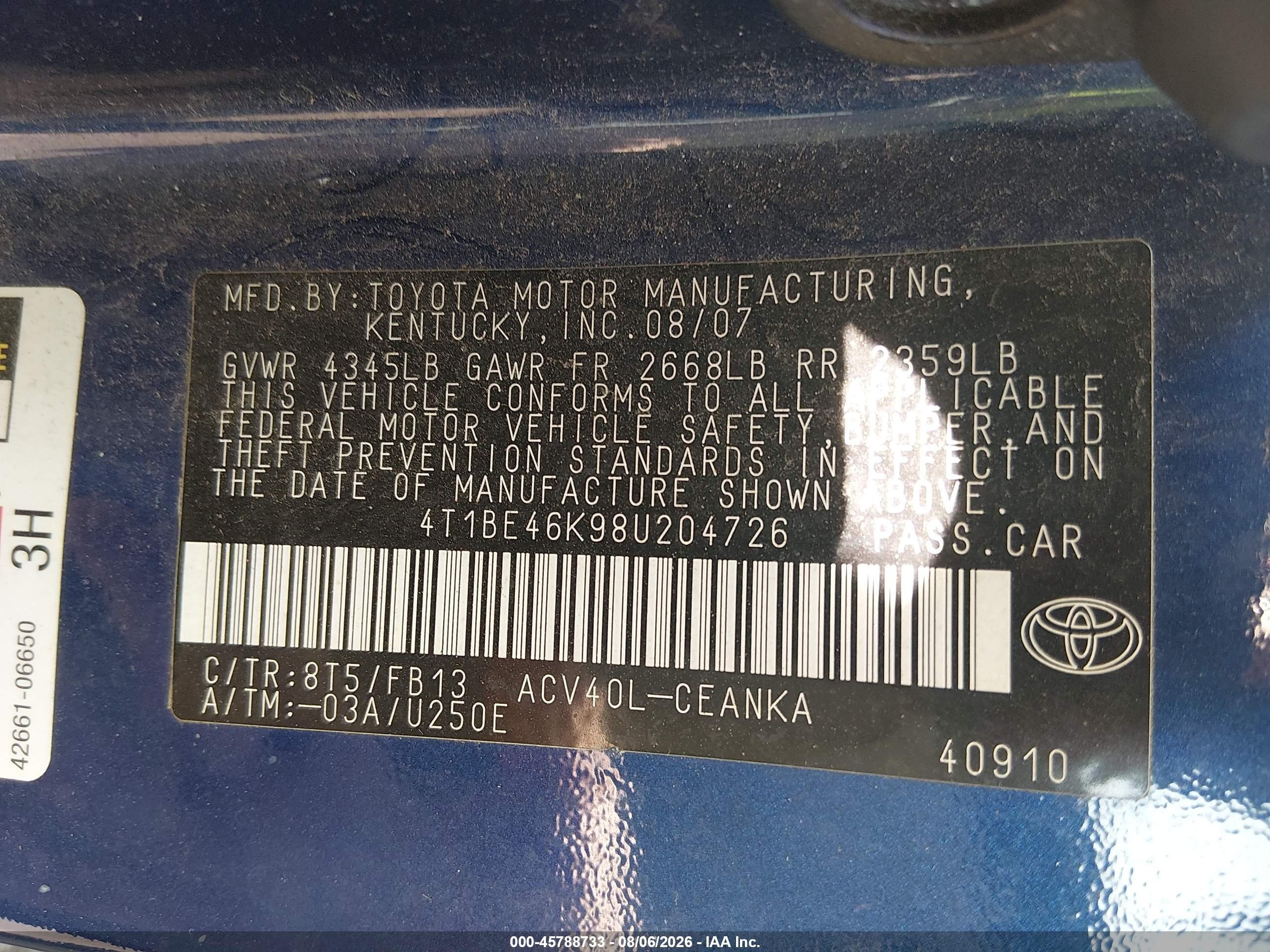 2008 Toyota Camry Le Blue vin: 4T1BE46K98U204726
