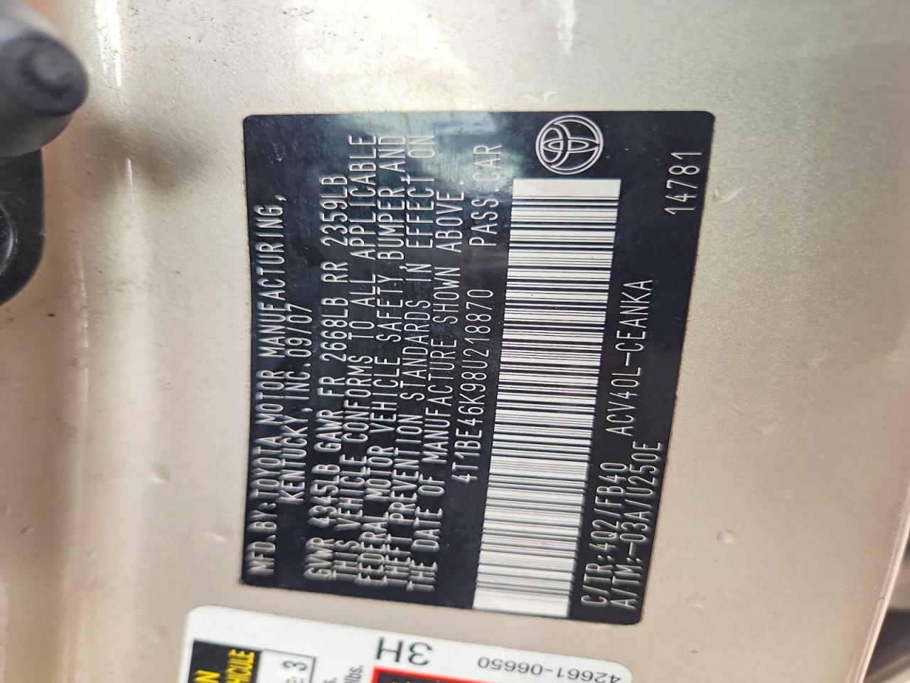 2008 Toyota Camry Le Золотой vin: 4T1BE46K98U218870