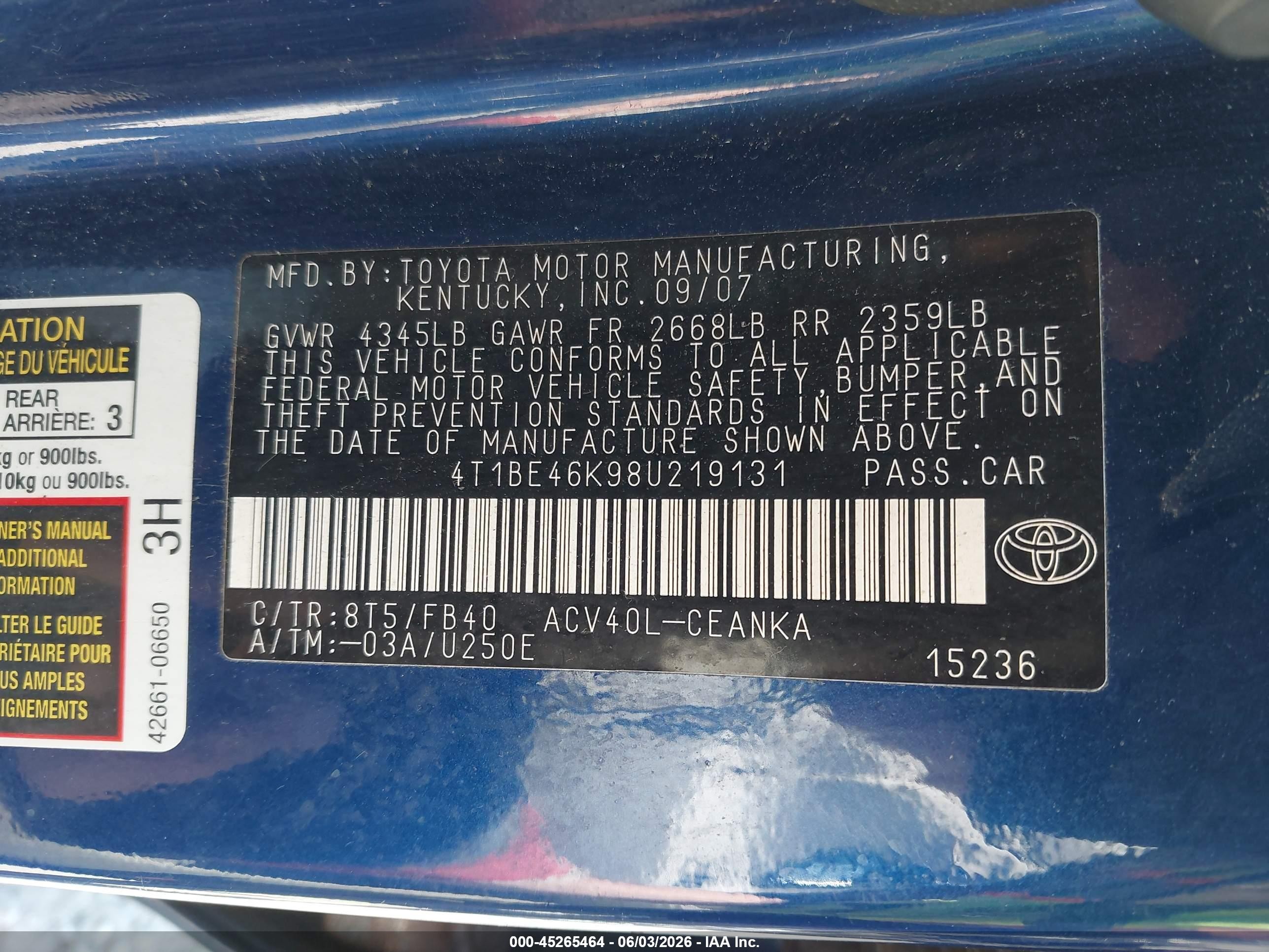 2008 Toyota Camry Le Синий vin: 4T1BE46K98U219131