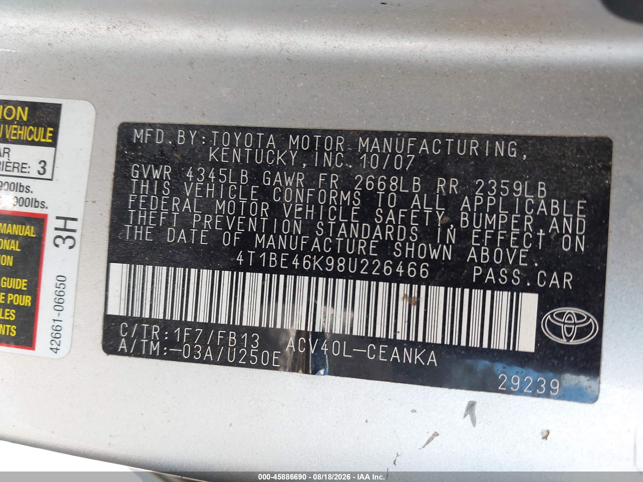 2008 Toyota Camry Le Silver vin: 4T1BE46K98U226466
