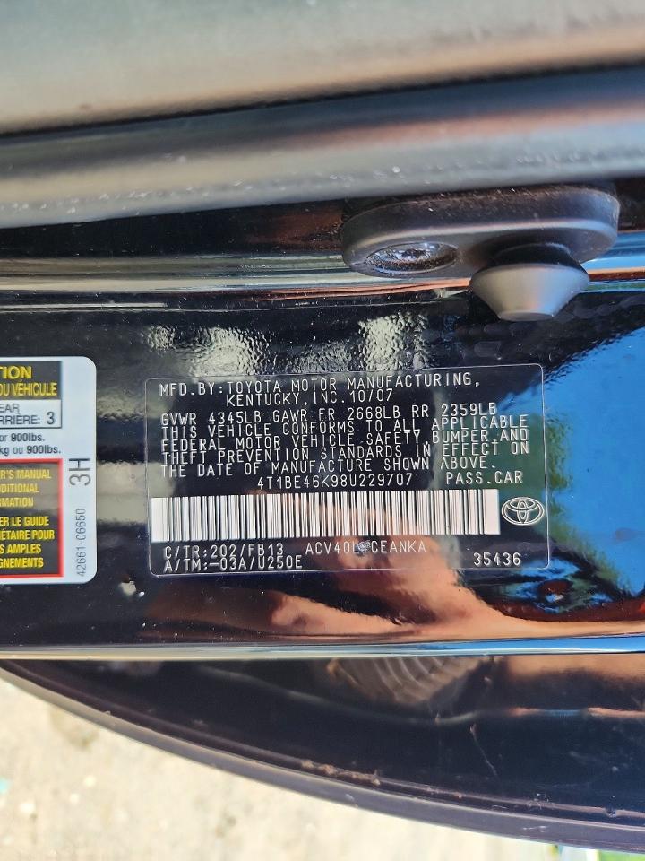 2008 Toyota Camry Base Black vin: 4T1BE46K98U229707