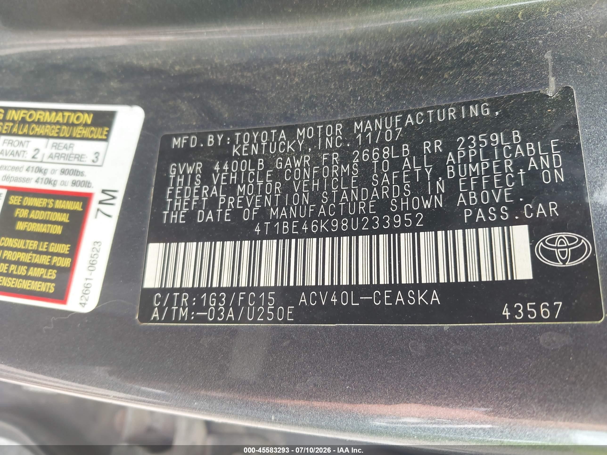 2008 Toyota Camry Se Серый vin: 4T1BE46K98U233952