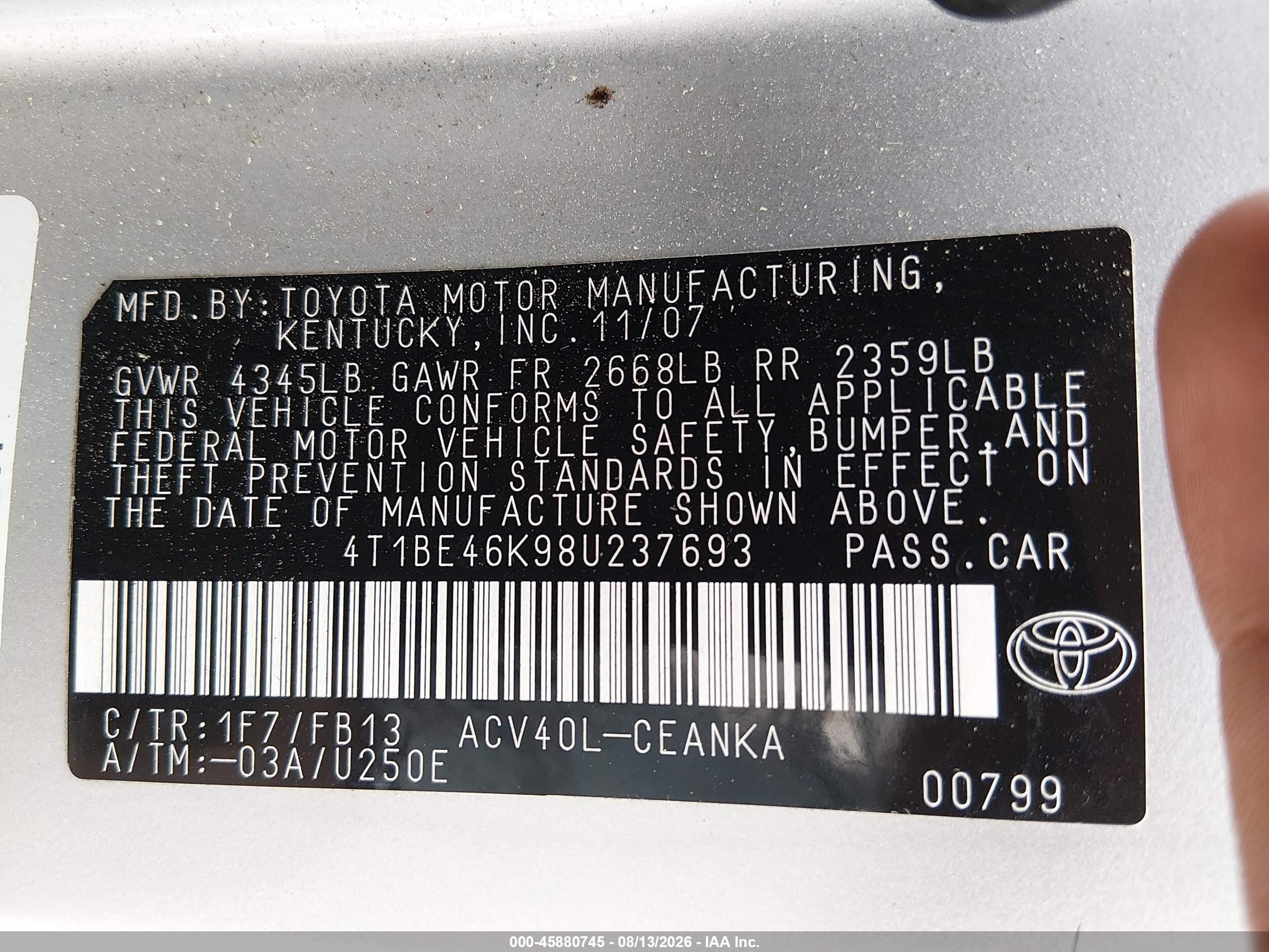 2008 Toyota Camry   Silver vin: 4T1BE46K98U237693