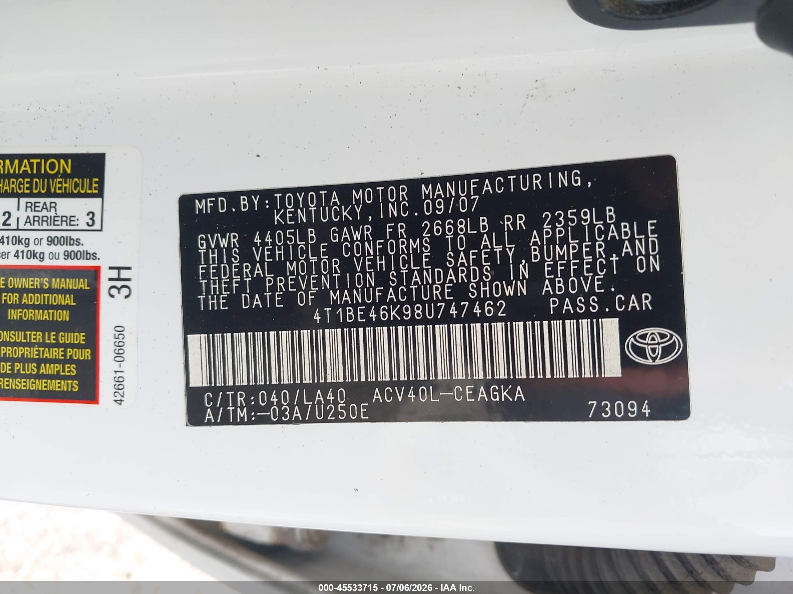 2008 Toyota Camry Xle White vin: 4T1BE46K98U747462