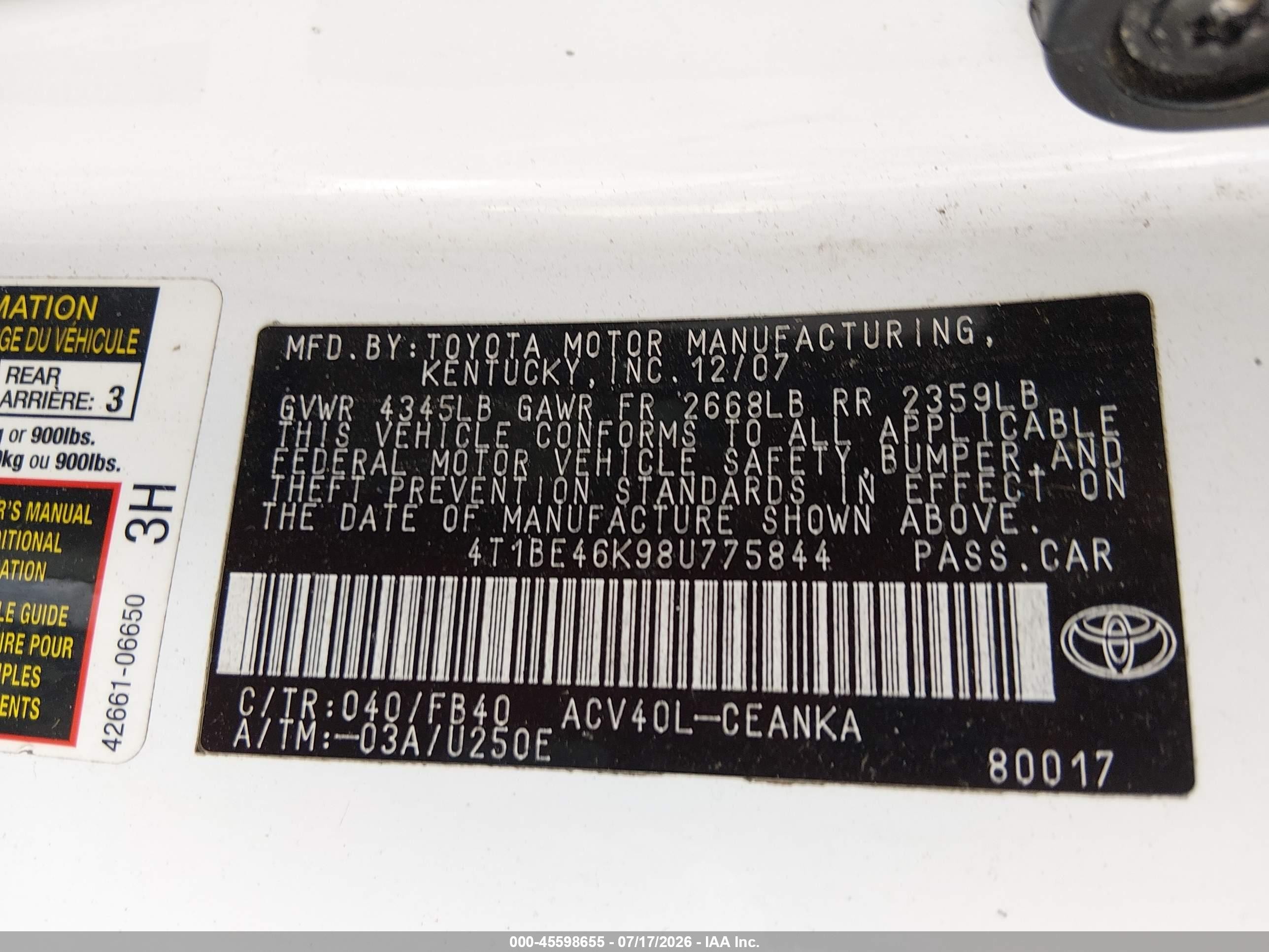 2008 Toyota Camry   Белый vin: 4T1BE46K98U775844