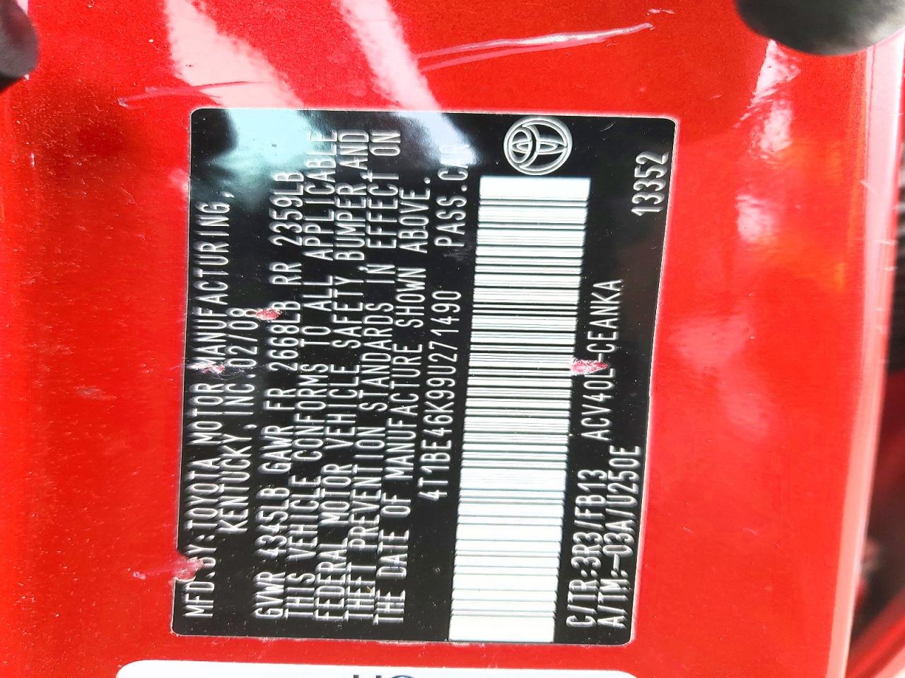 2009 Toyota Camry Le Red vin: 4T1BE46K99U271490