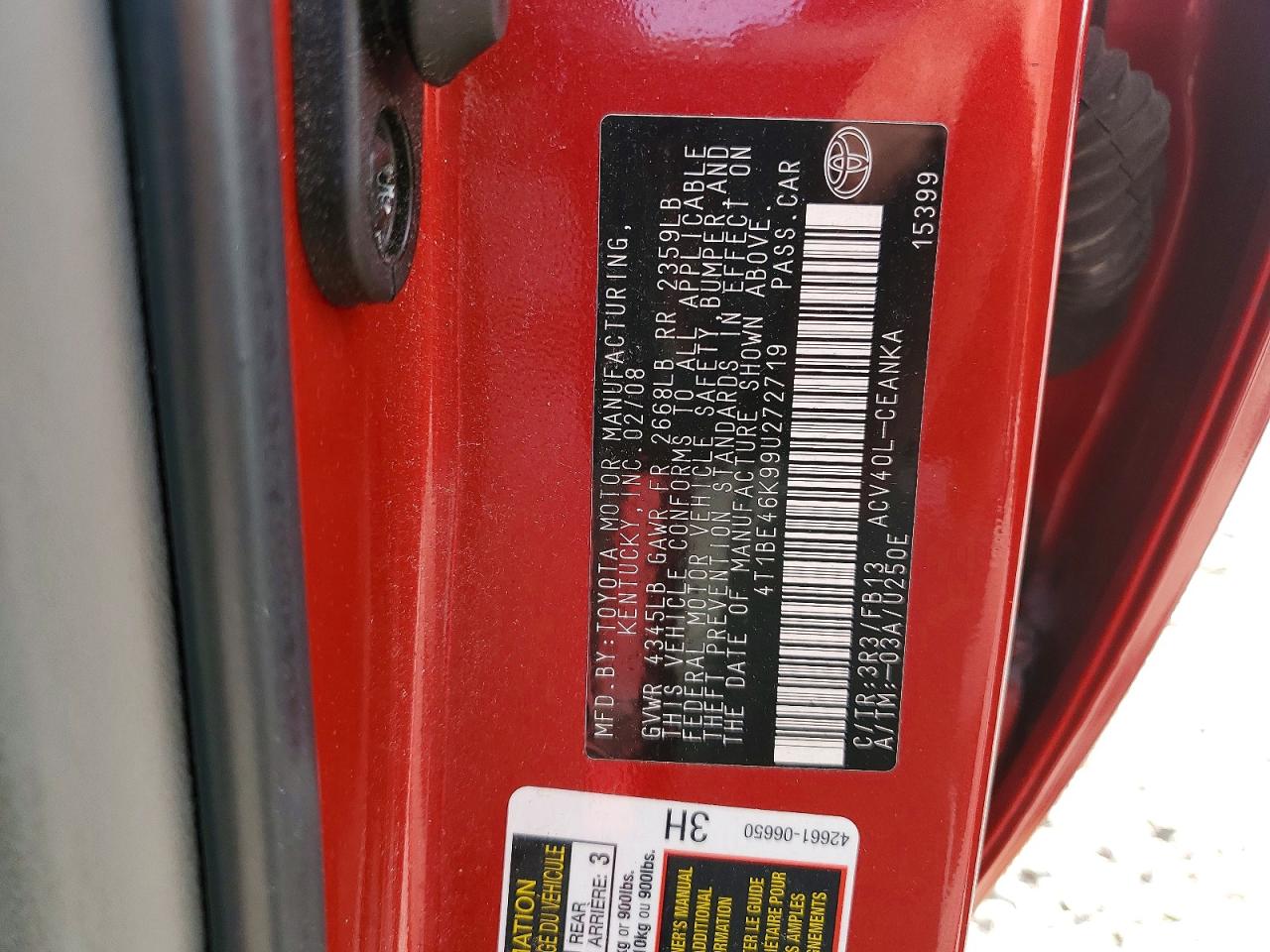 2009 Toyota Camry Le Red vin: 4T1BE46K99U272719