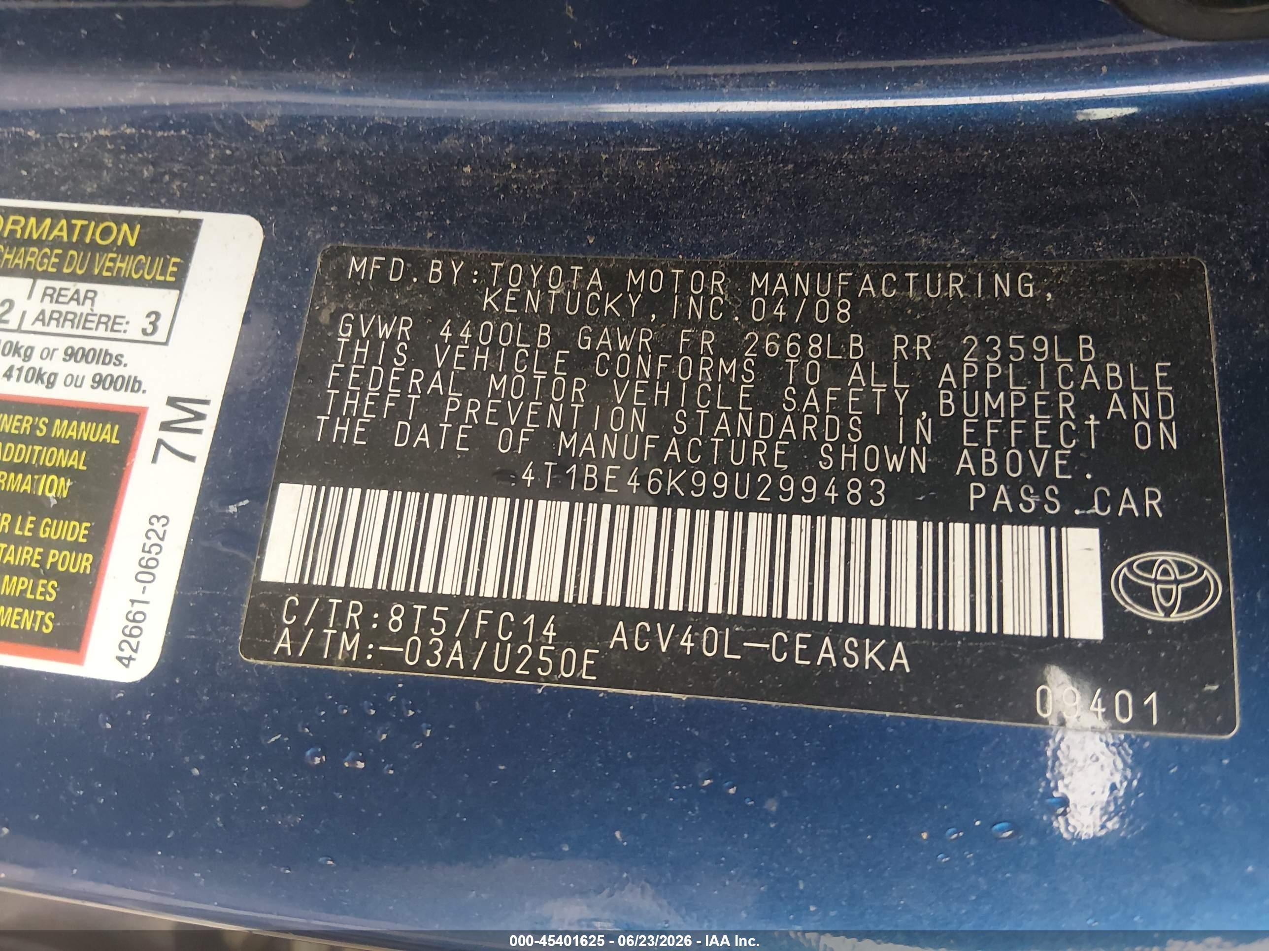 2009 Toyota Camry Se Blue vin: 4T1BE46K99U299483