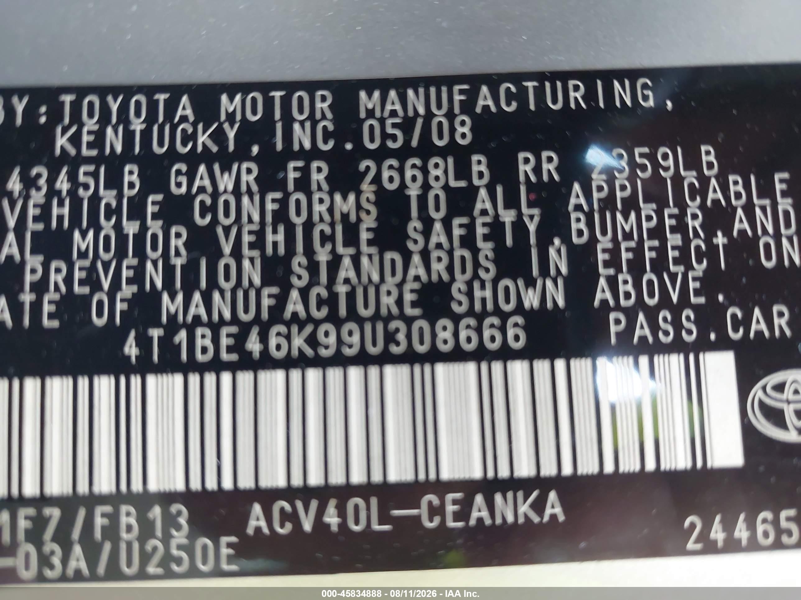 2009 Toyota Camry Le Silver vin: 4T1BE46K99U308666