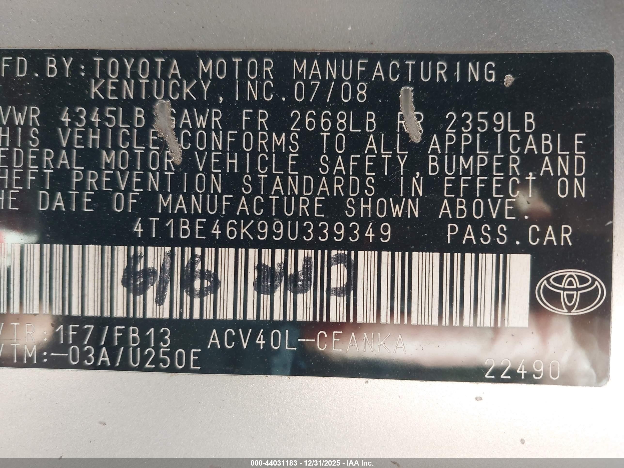 2009 Toyota Camry Le Silver vin: 4T1BE46K99U339349