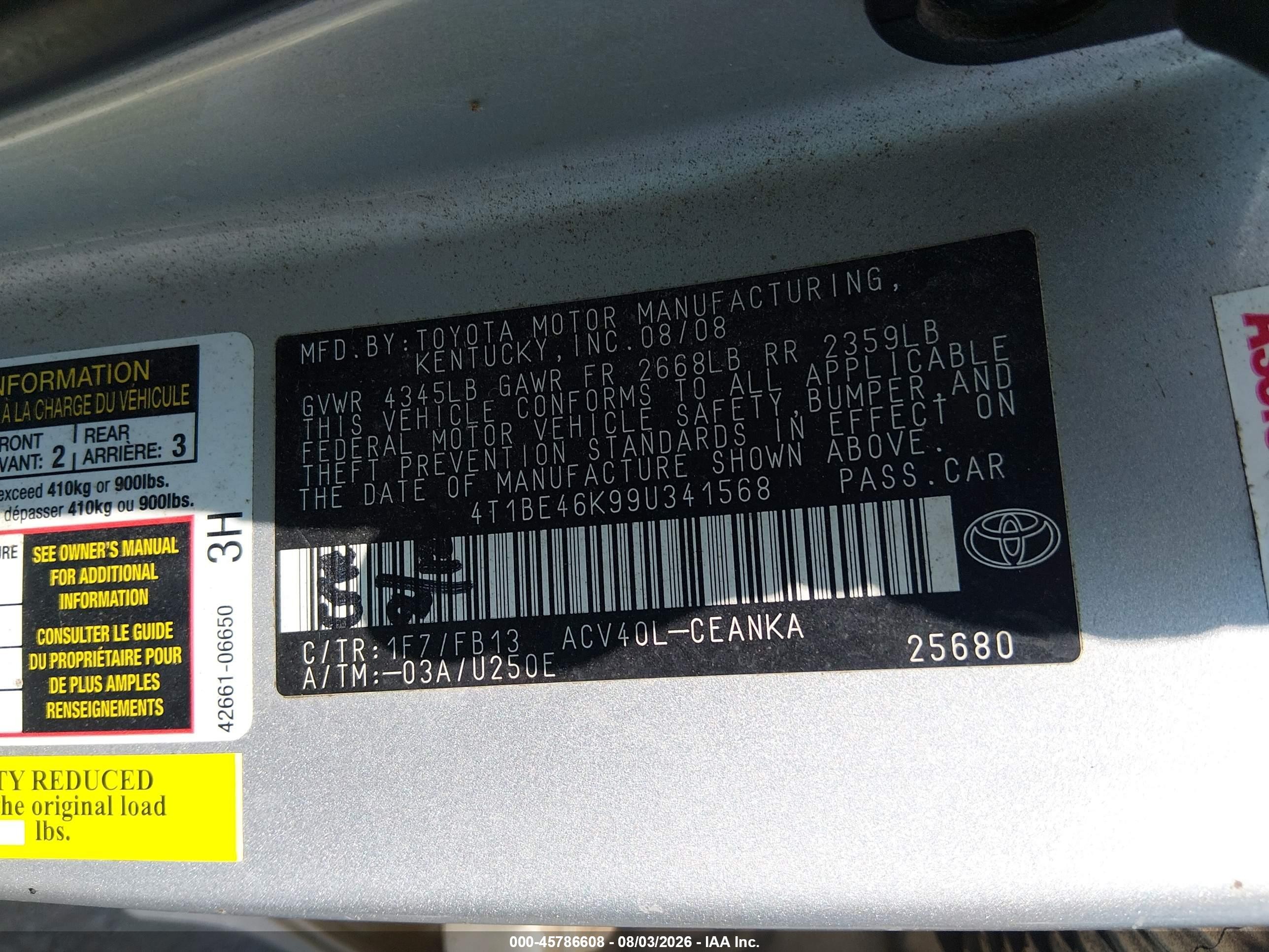 2009 Toyota Camry Le Silver vin: 4T1BE46K99U341568