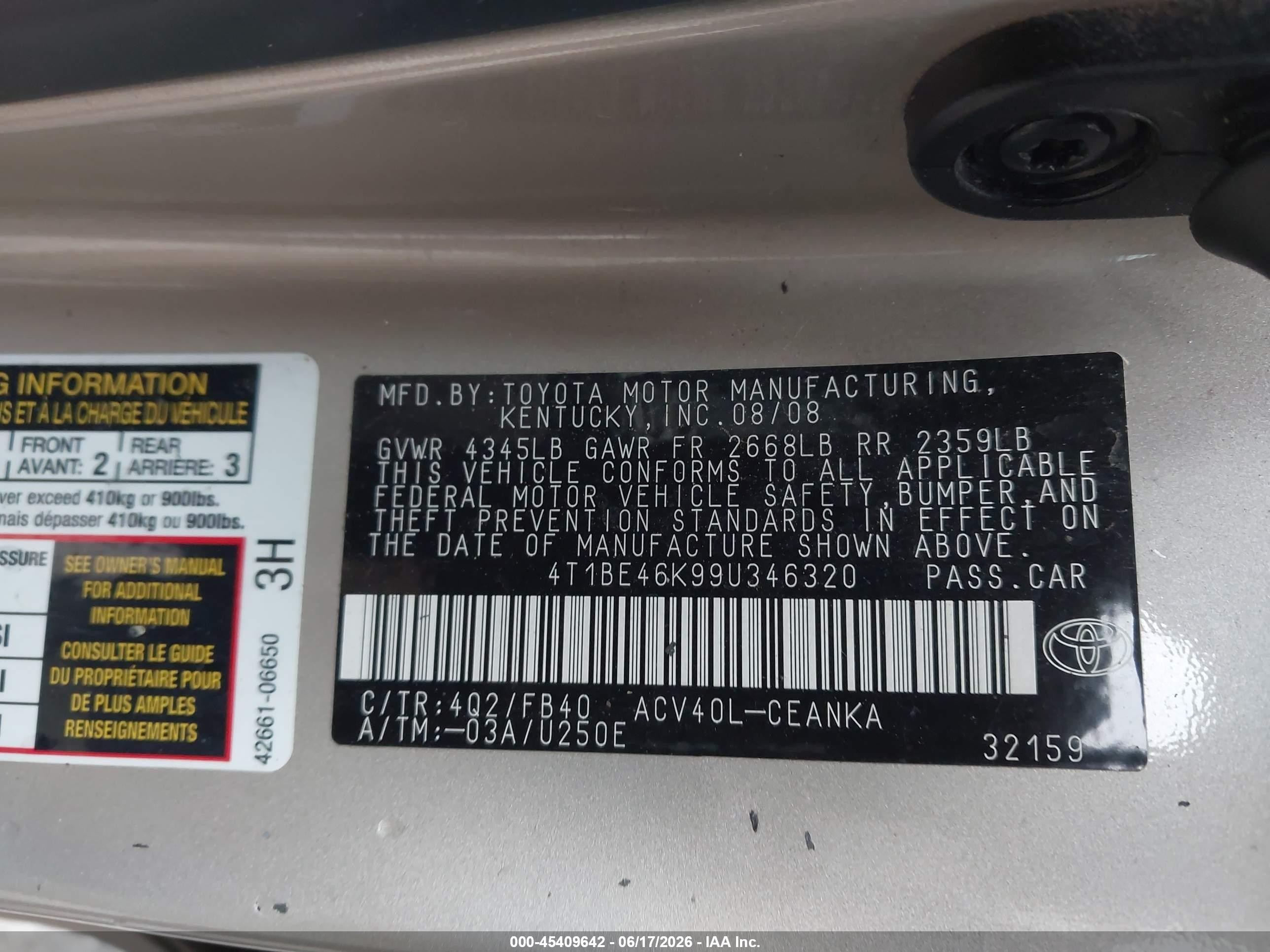 2009 Toyota Camry Le Beige vin: 4T1BE46K99U346320