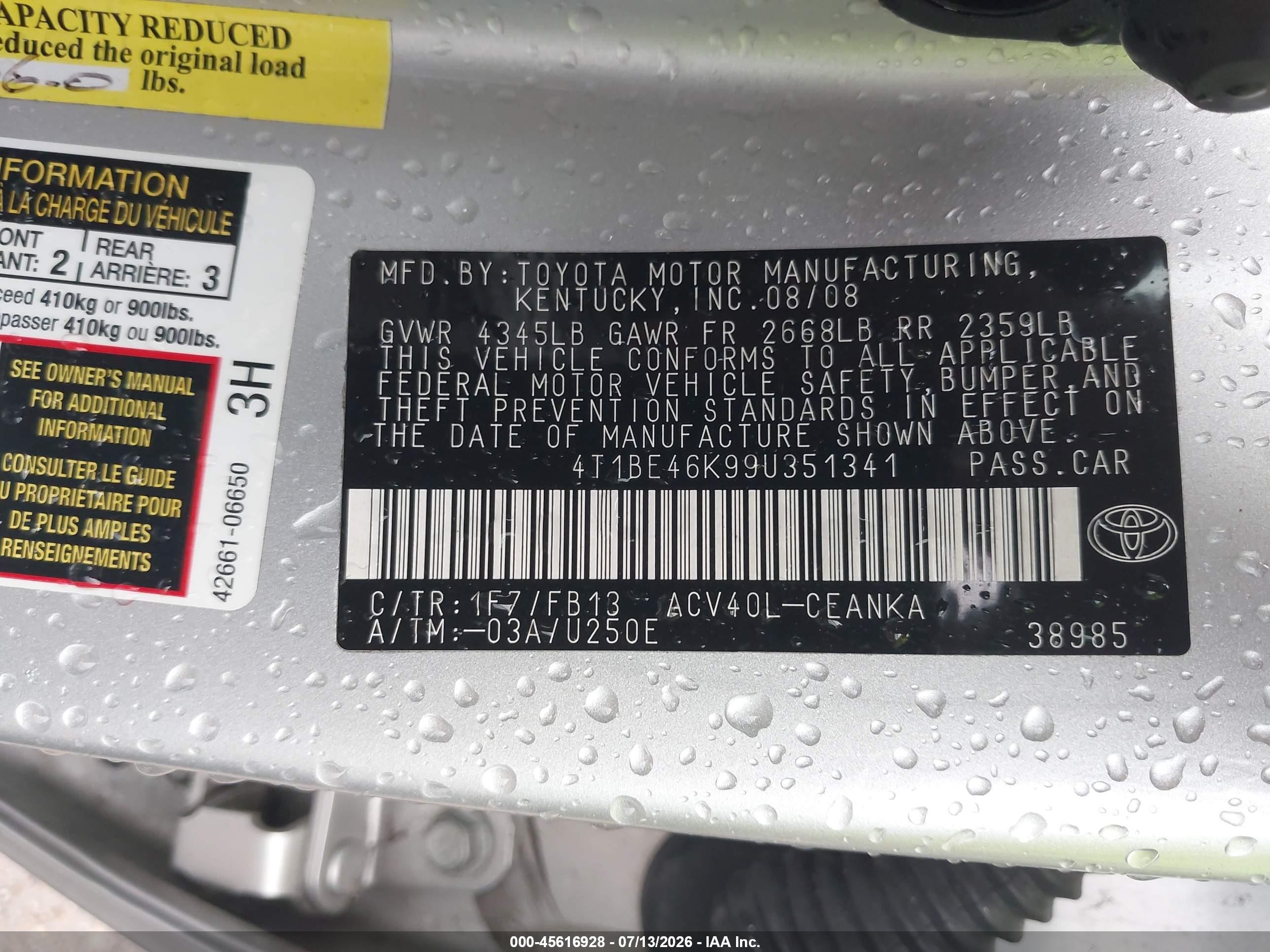 2009 Toyota Camry Le Silver vin: 4T1BE46K99U351341