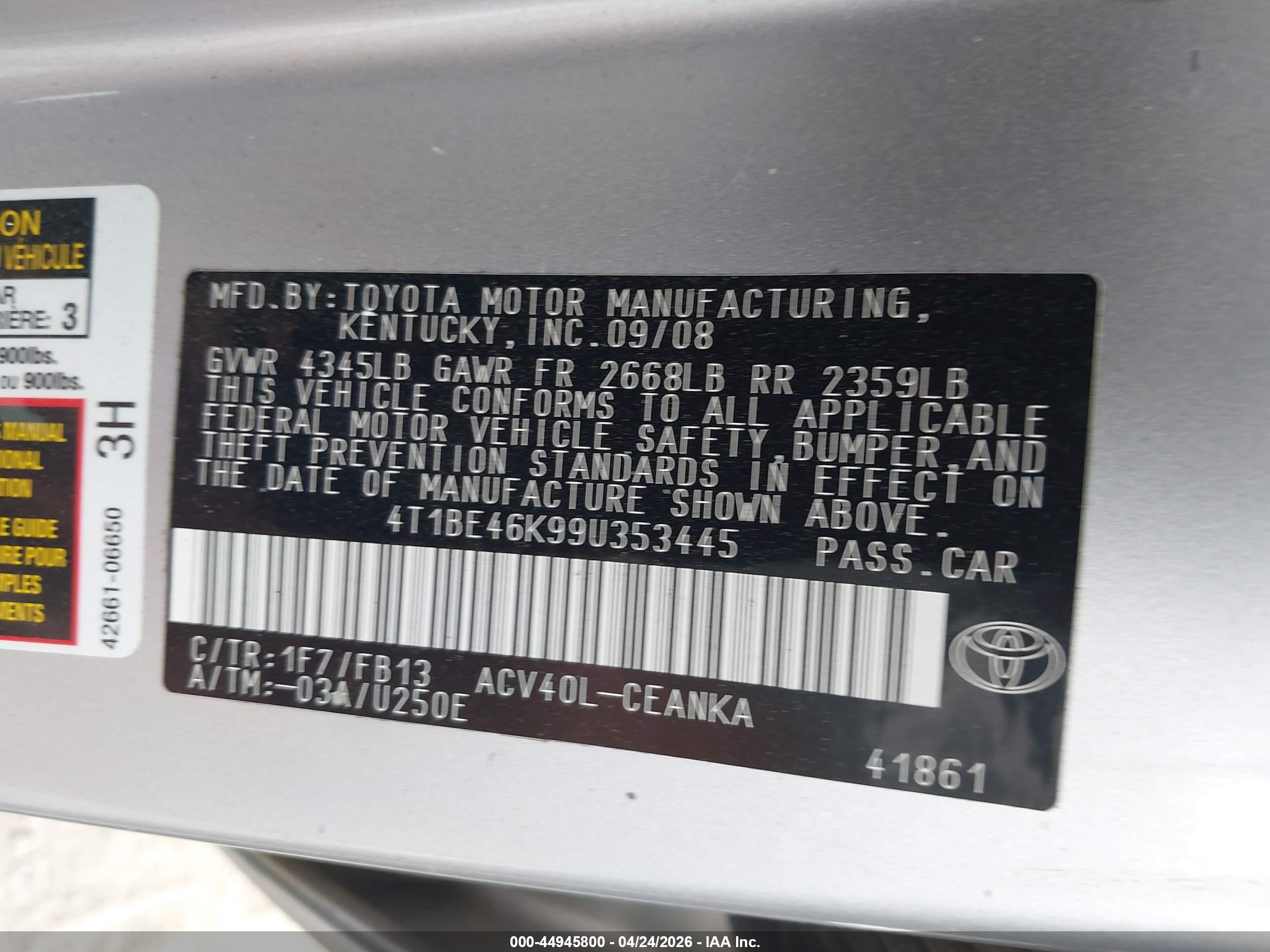 2009 Toyota Camry Le Silver vin: 4T1BE46K99U353445