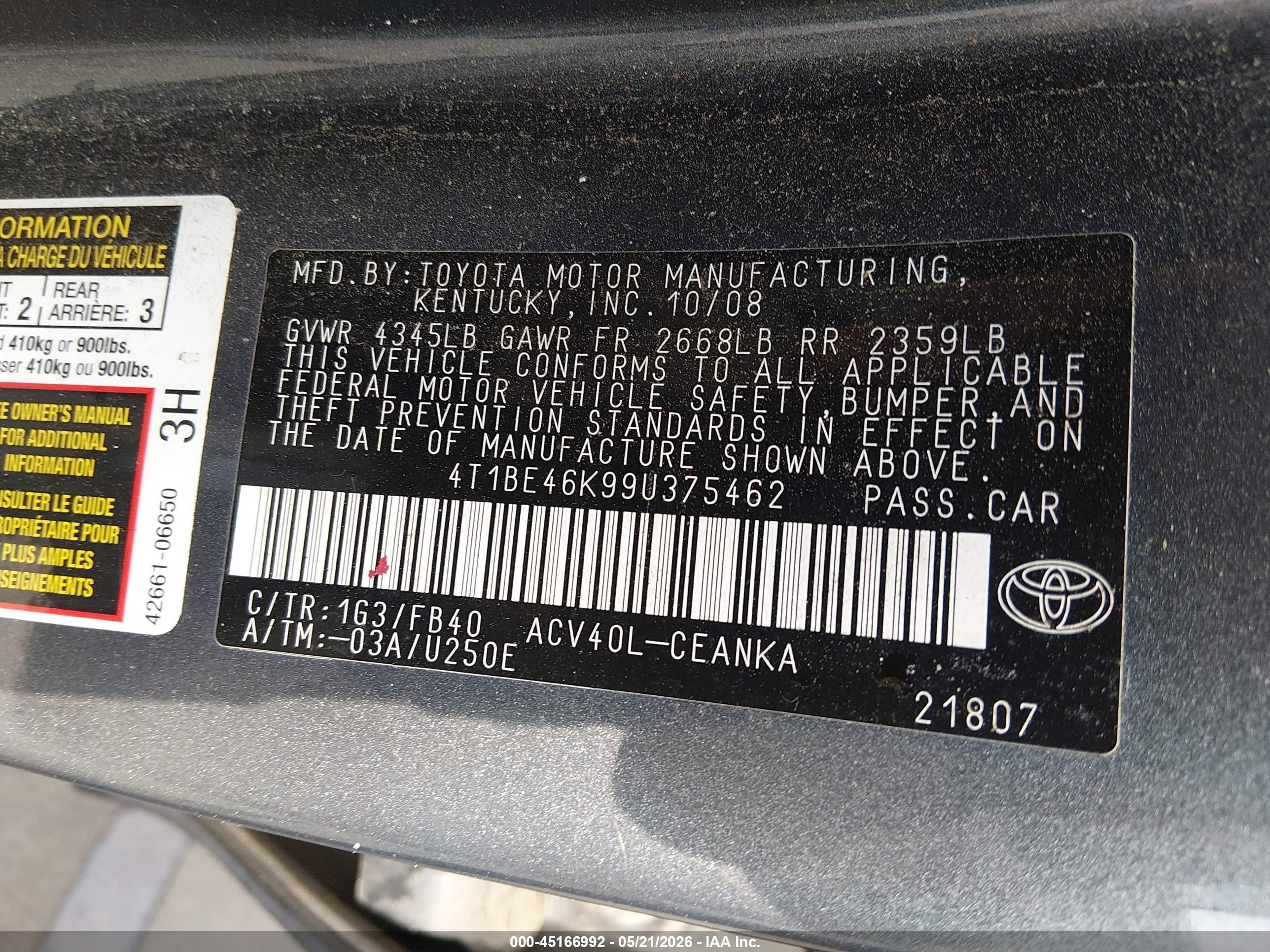 2009 Toyota Camry Le Gray vin: 4T1BE46K99U375462