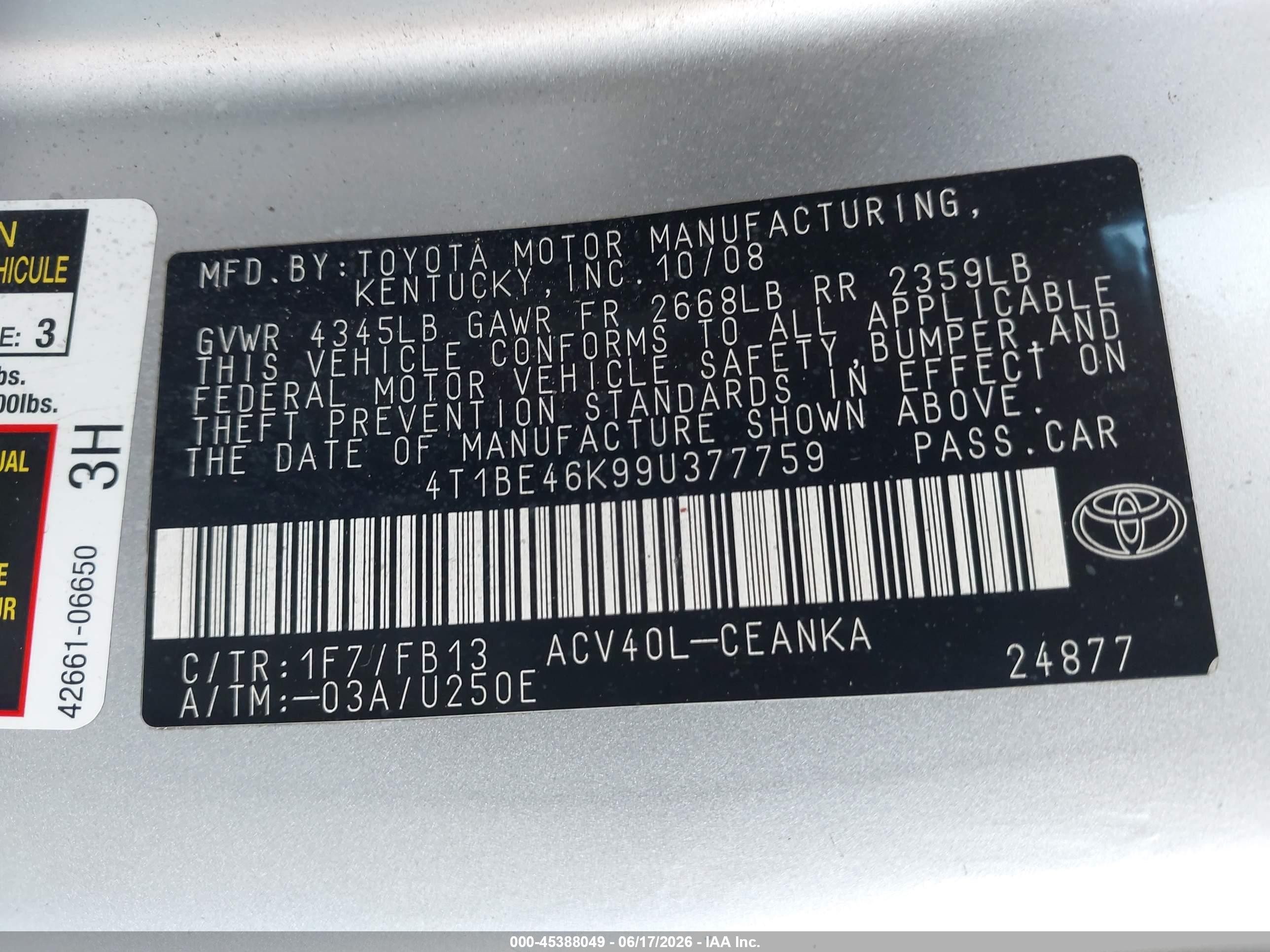 2009 Toyota Camry   Серебряный vin: 4T1BE46K99U377759
