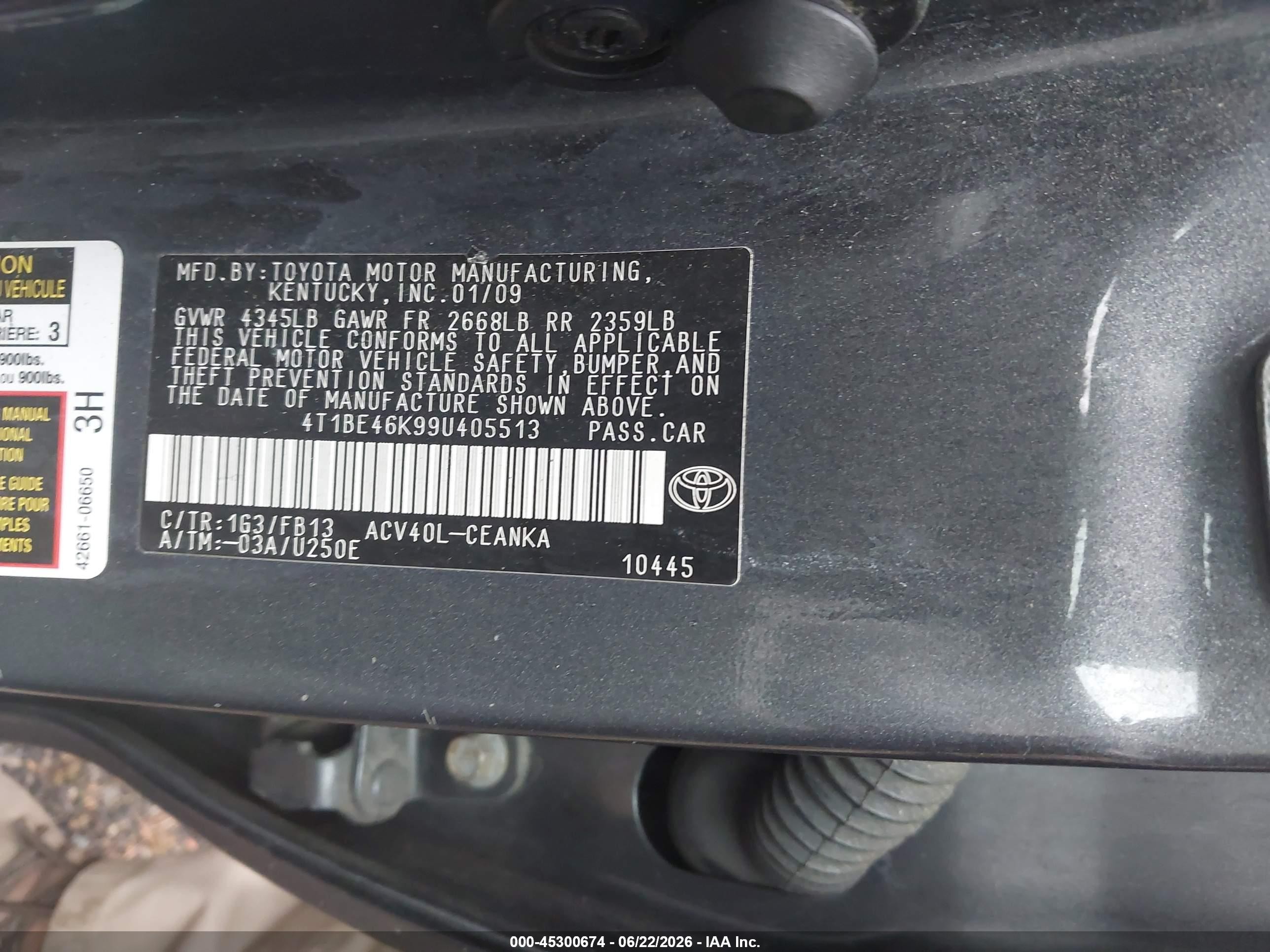2009 Toyota Camry Le Gray vin: 4T1BE46K99U405513