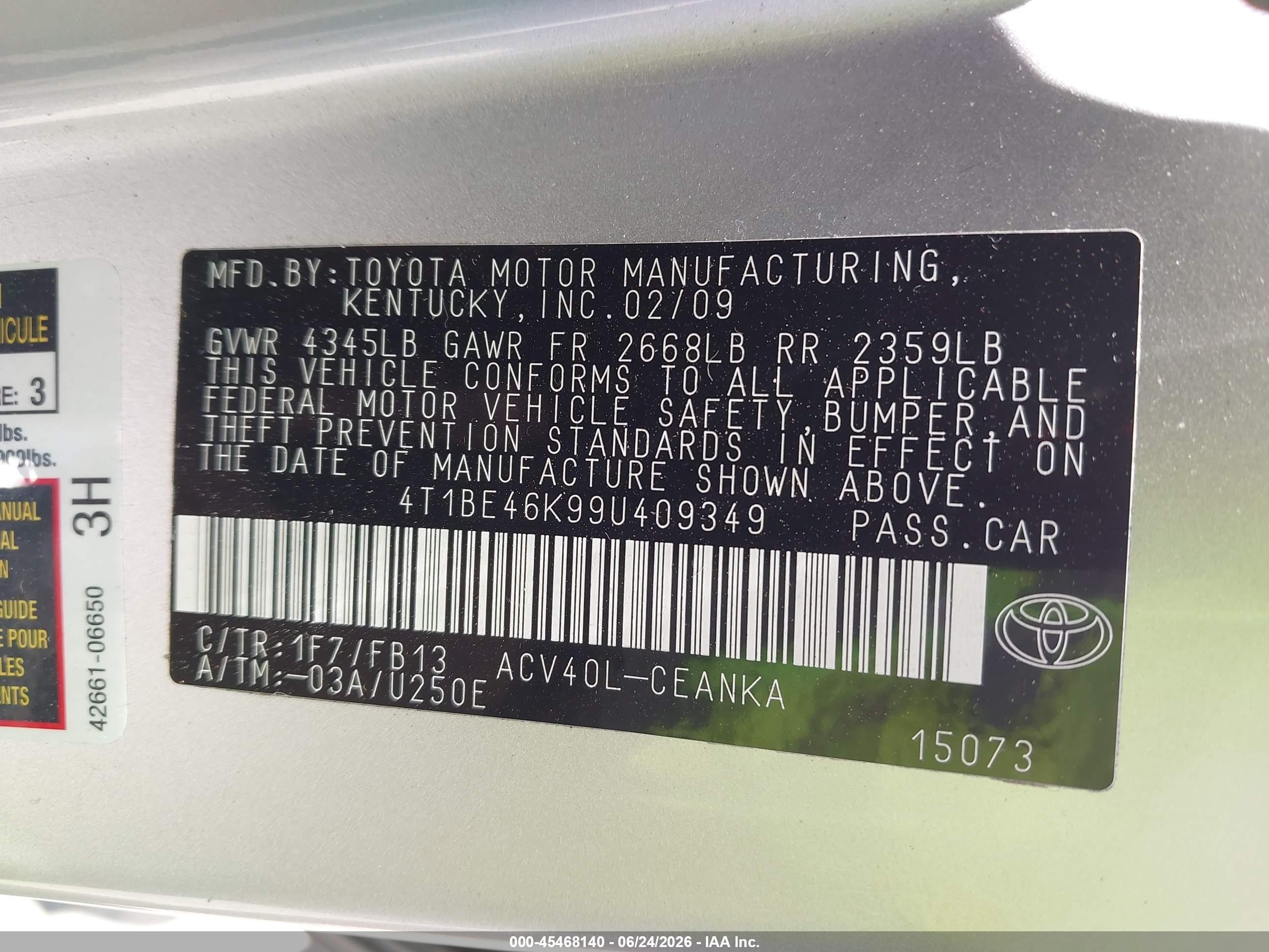 2009 Toyota Camry Le Silver vin: 4T1BE46K99U409349