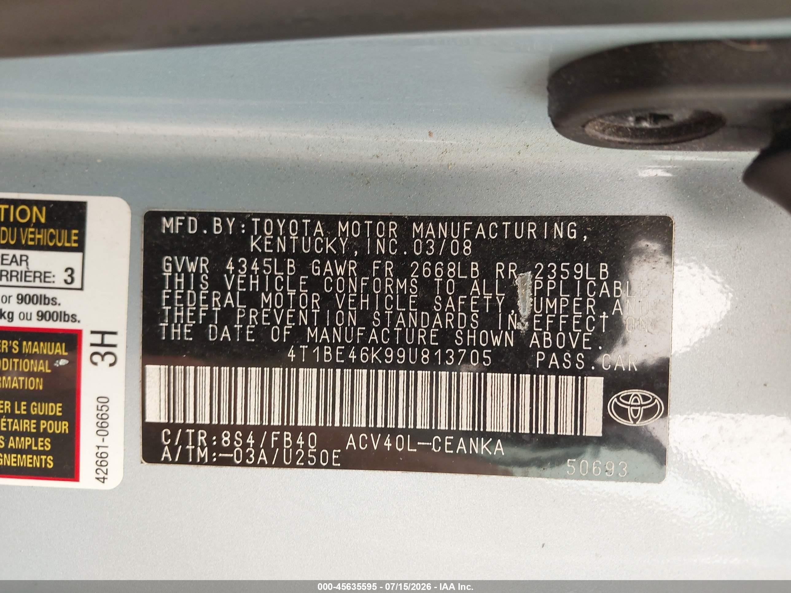 2009 Toyota Camry Le Blue vin: 4T1BE46K99U813705
