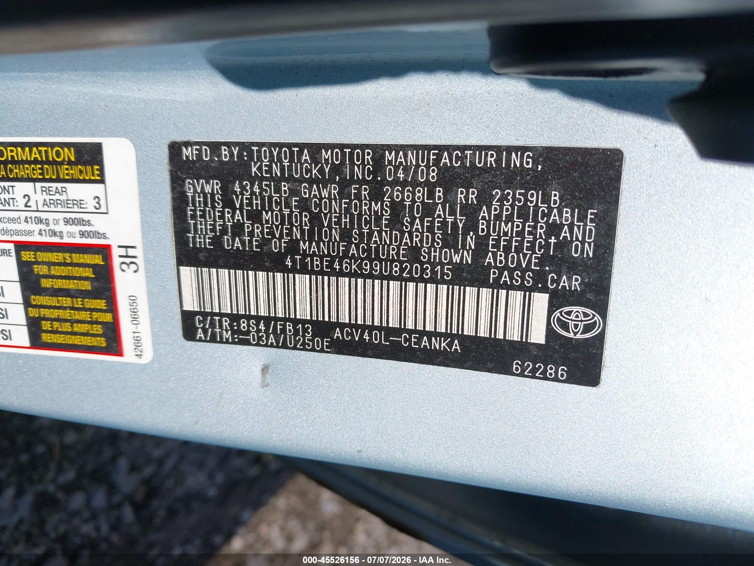 2009 Toyota Camry Le Blue vin: 4T1BE46K99U820315