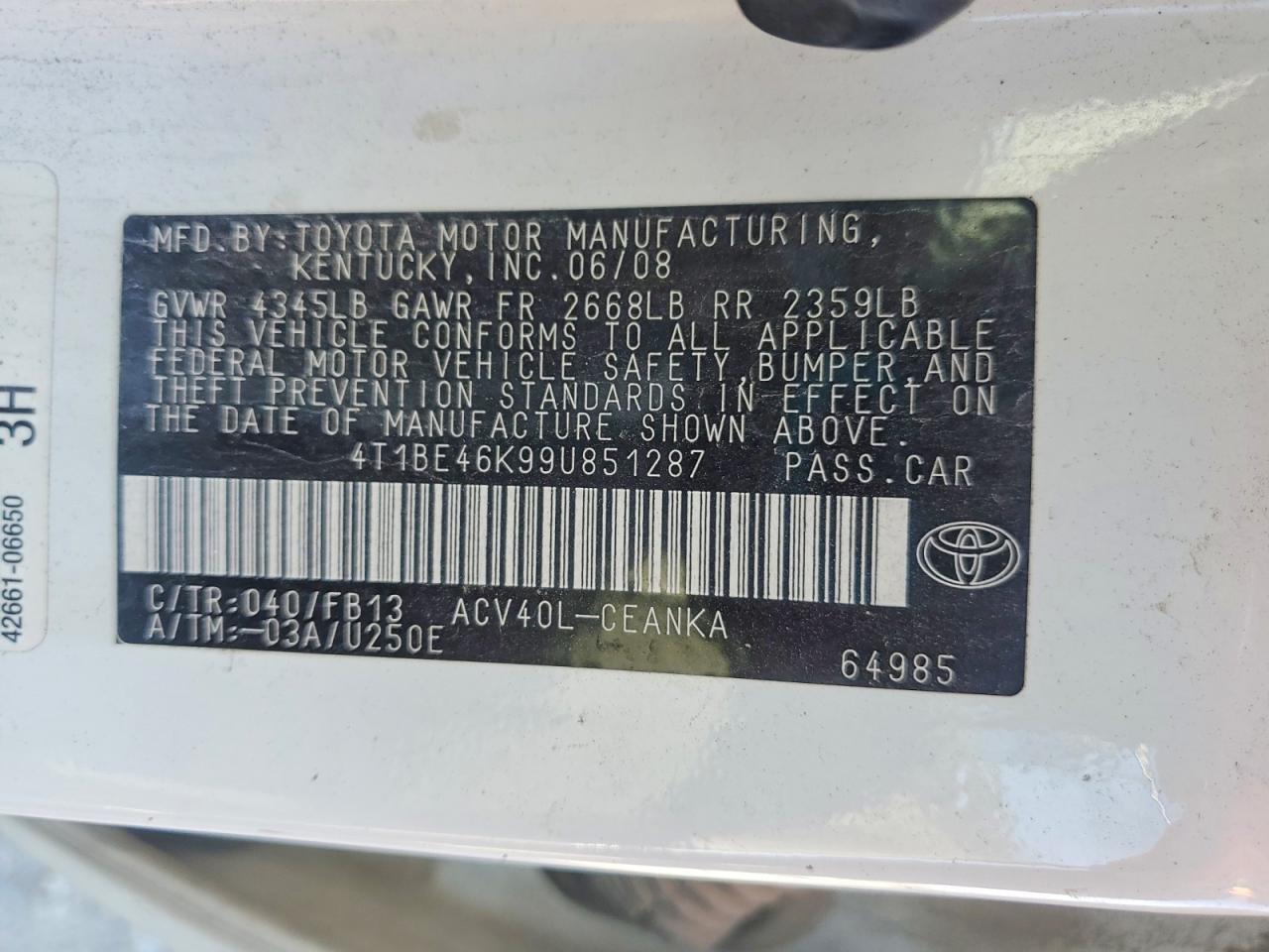 2009 Toyota Camry Base White vin: 4T1BE46K99U851287