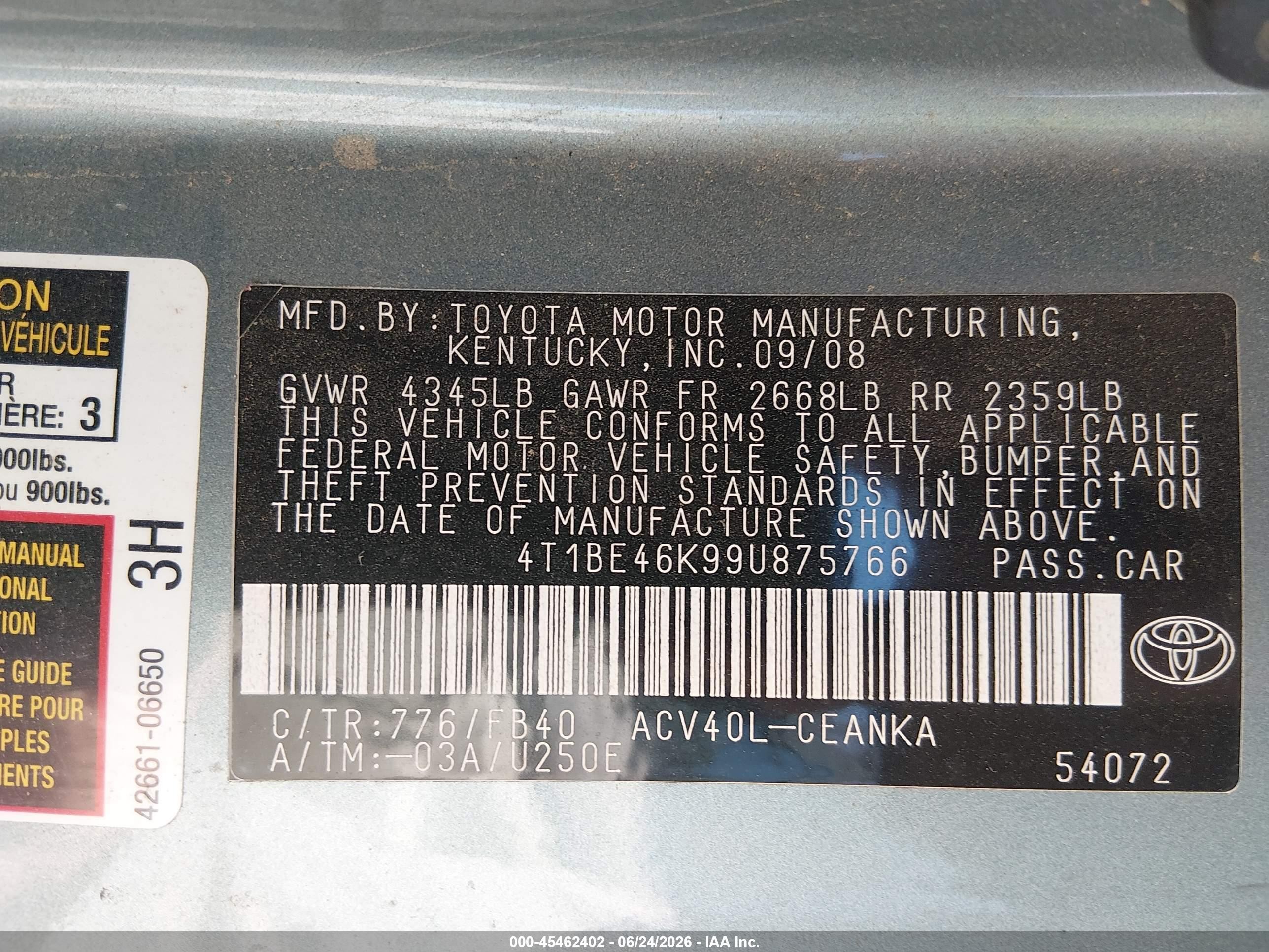 2009 Toyota Camry Le Light Blue vin: 4T1BE46K99U875766
