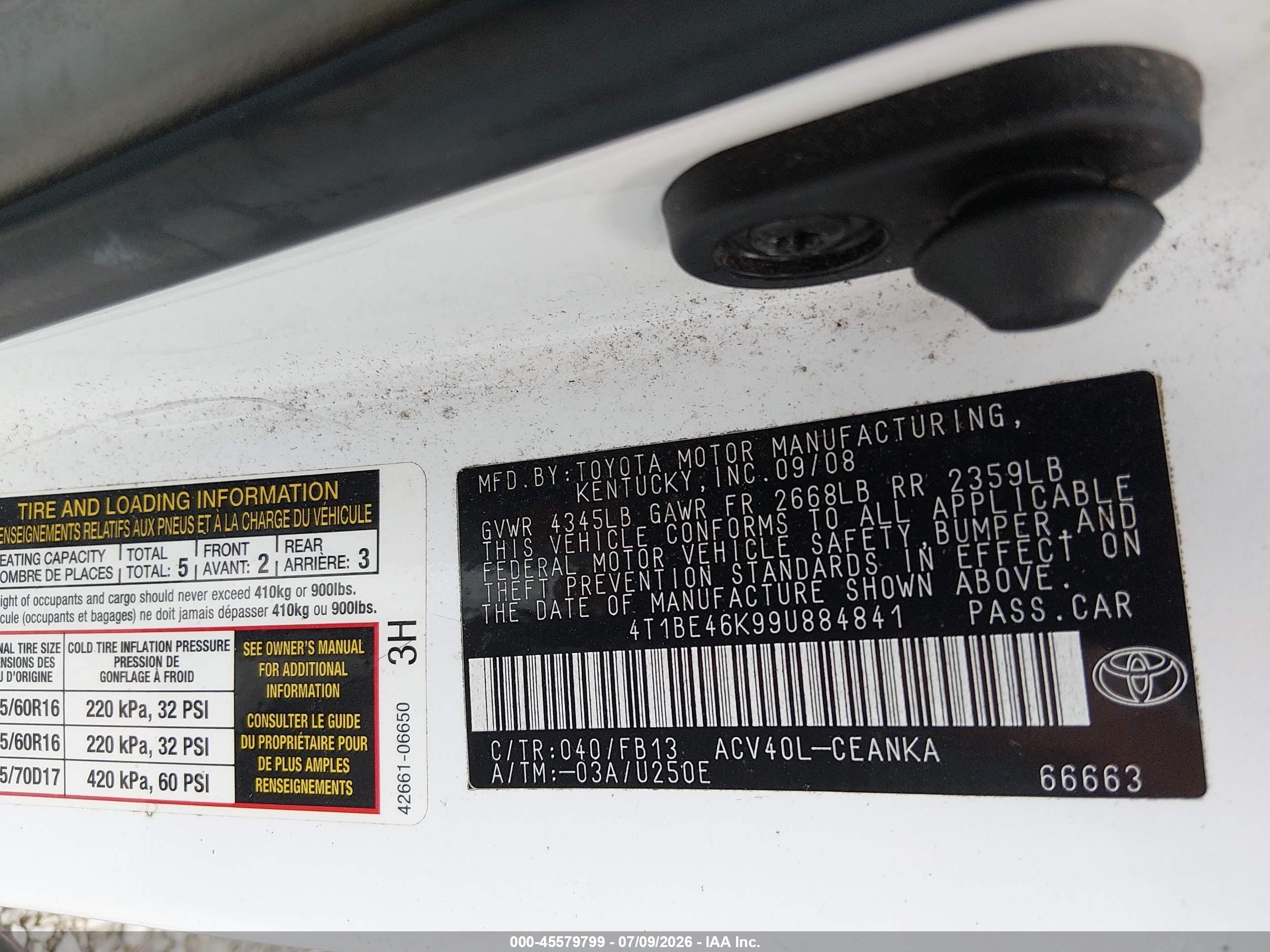 2009 Toyota Camry Le White vin: 4T1BE46K99U884841