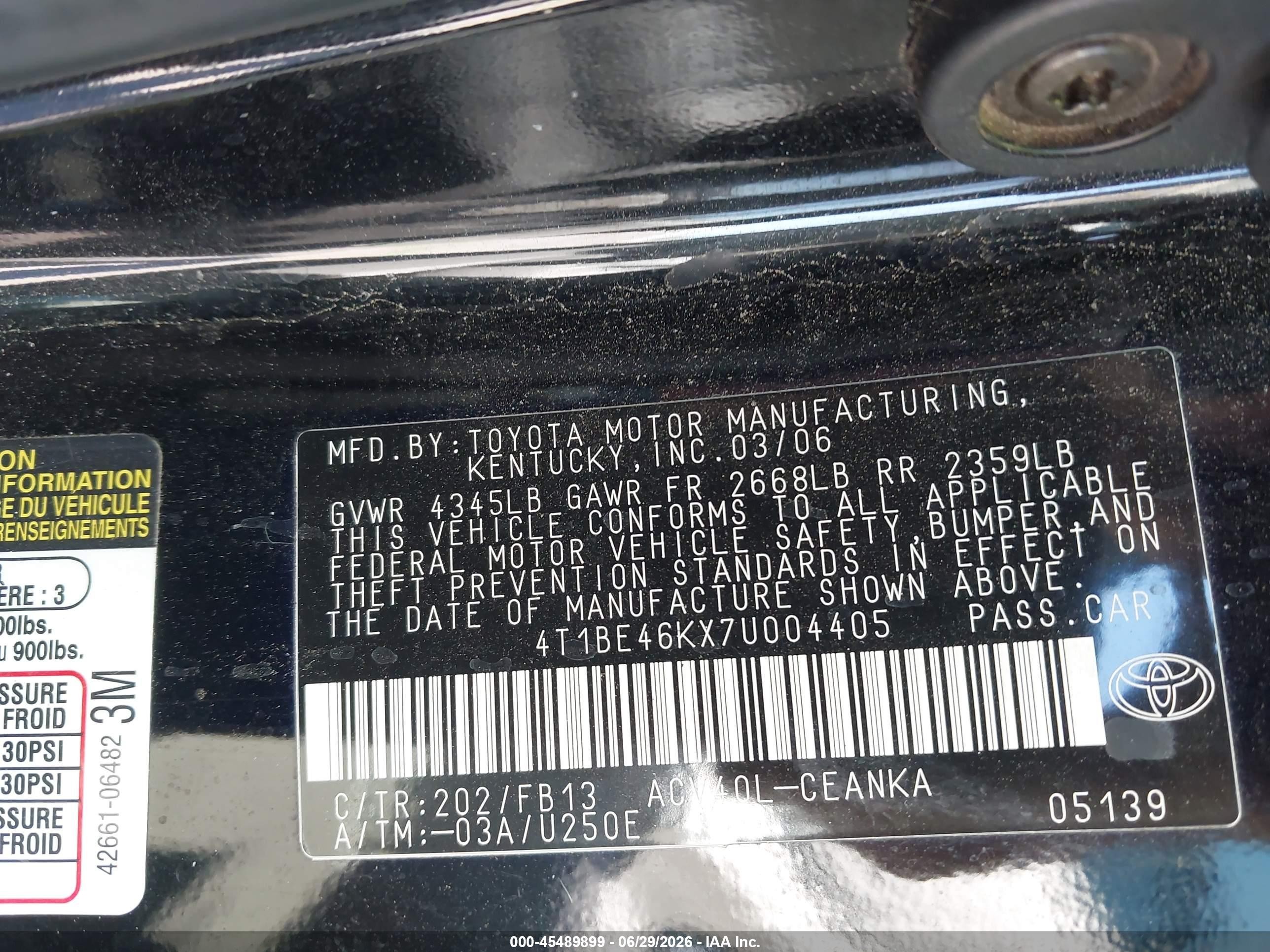 2007 Toyota Camry Le Черный vin: 4T1BE46KX7U004405