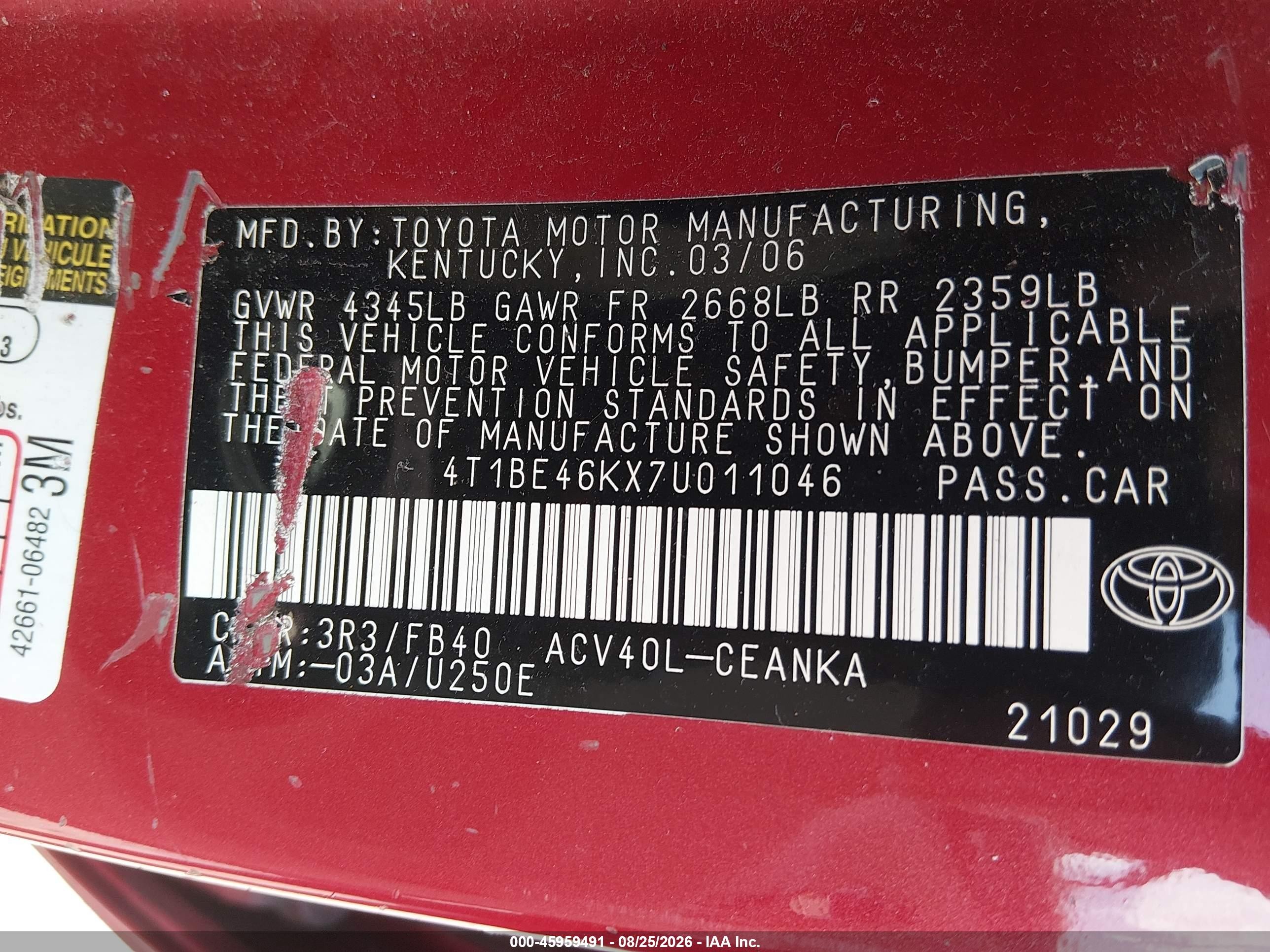 2007 Toyota Camry Le Красный vin: 4T1BE46KX7U011046