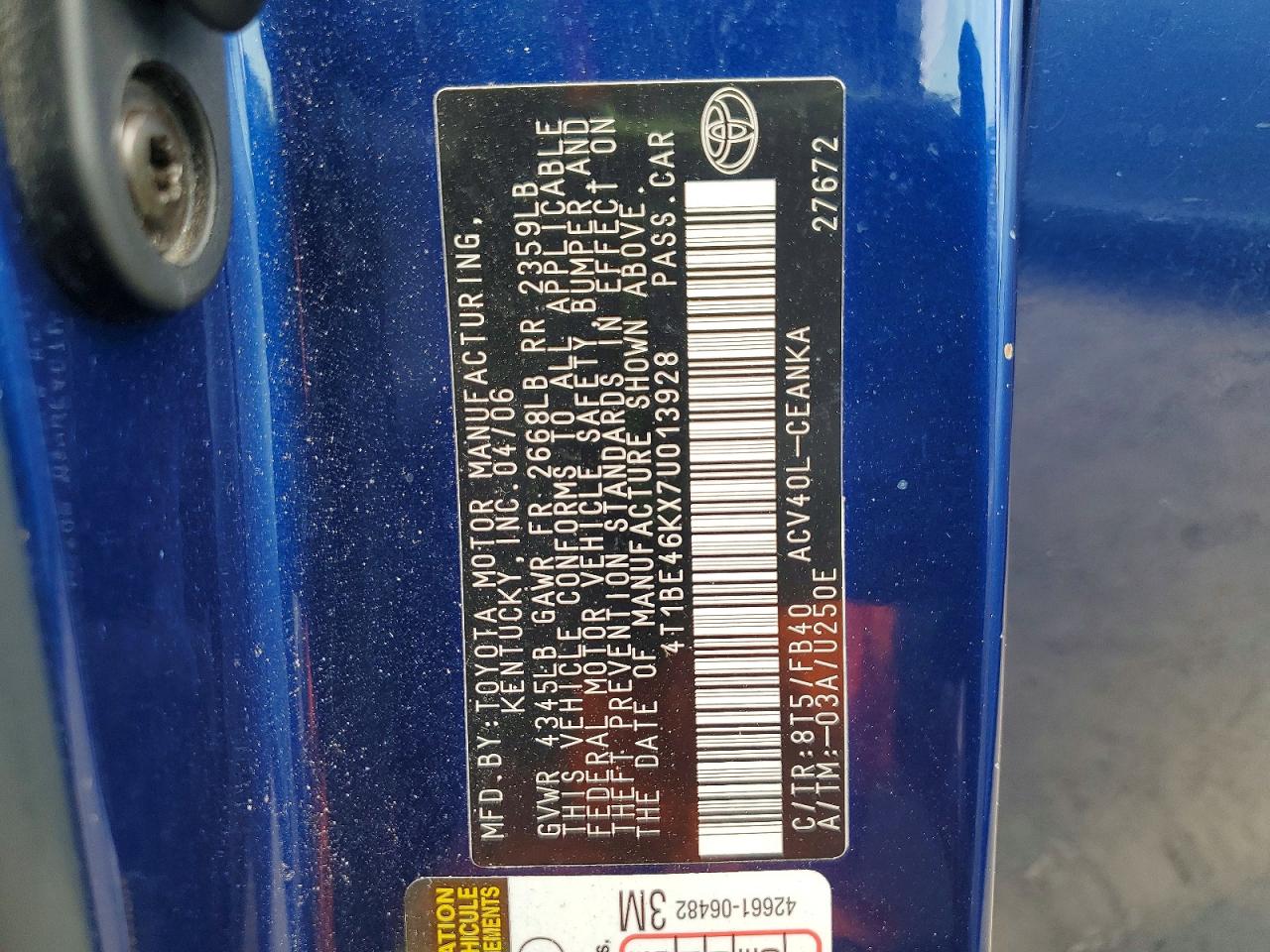 2007 Toyota Camry Le Blue vin: 4T1BE46KX7U013928