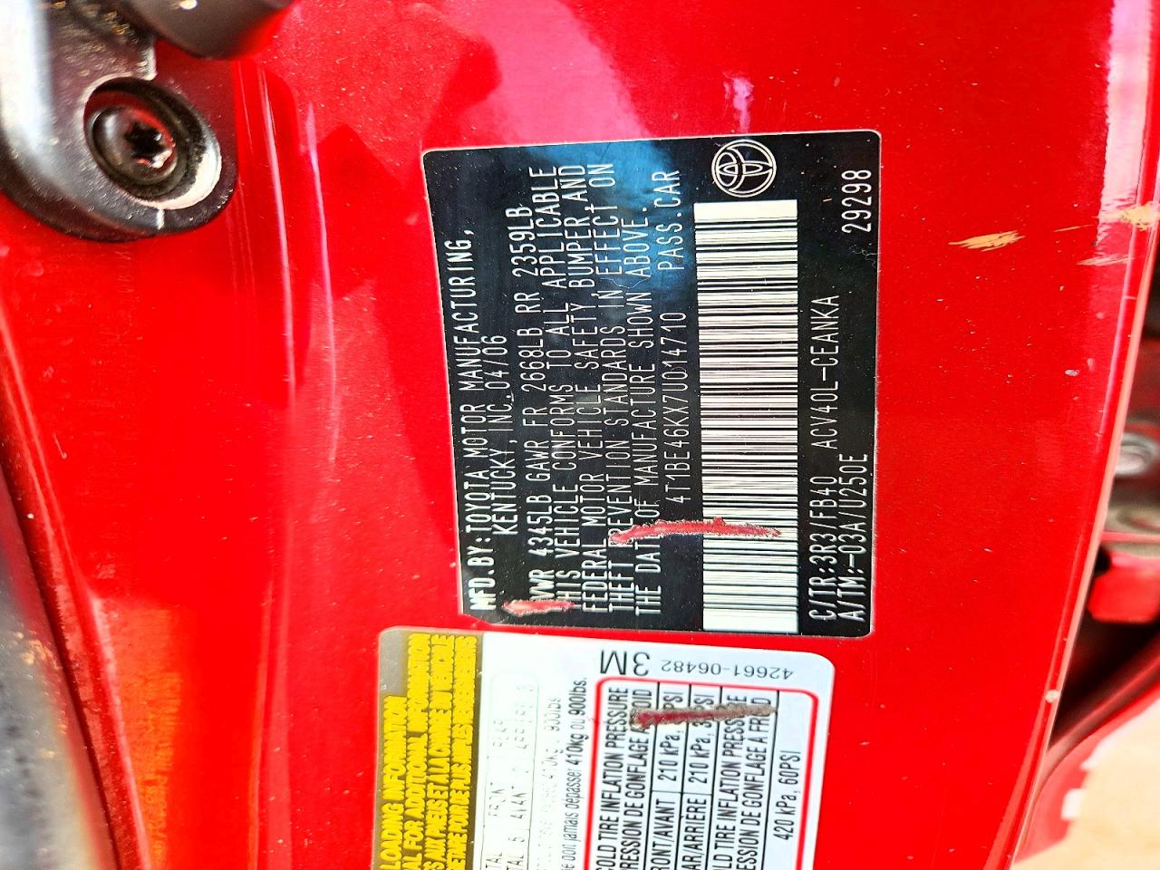 2007 Toyota Camry Le Red vin: 4T1BE46KX7U014710