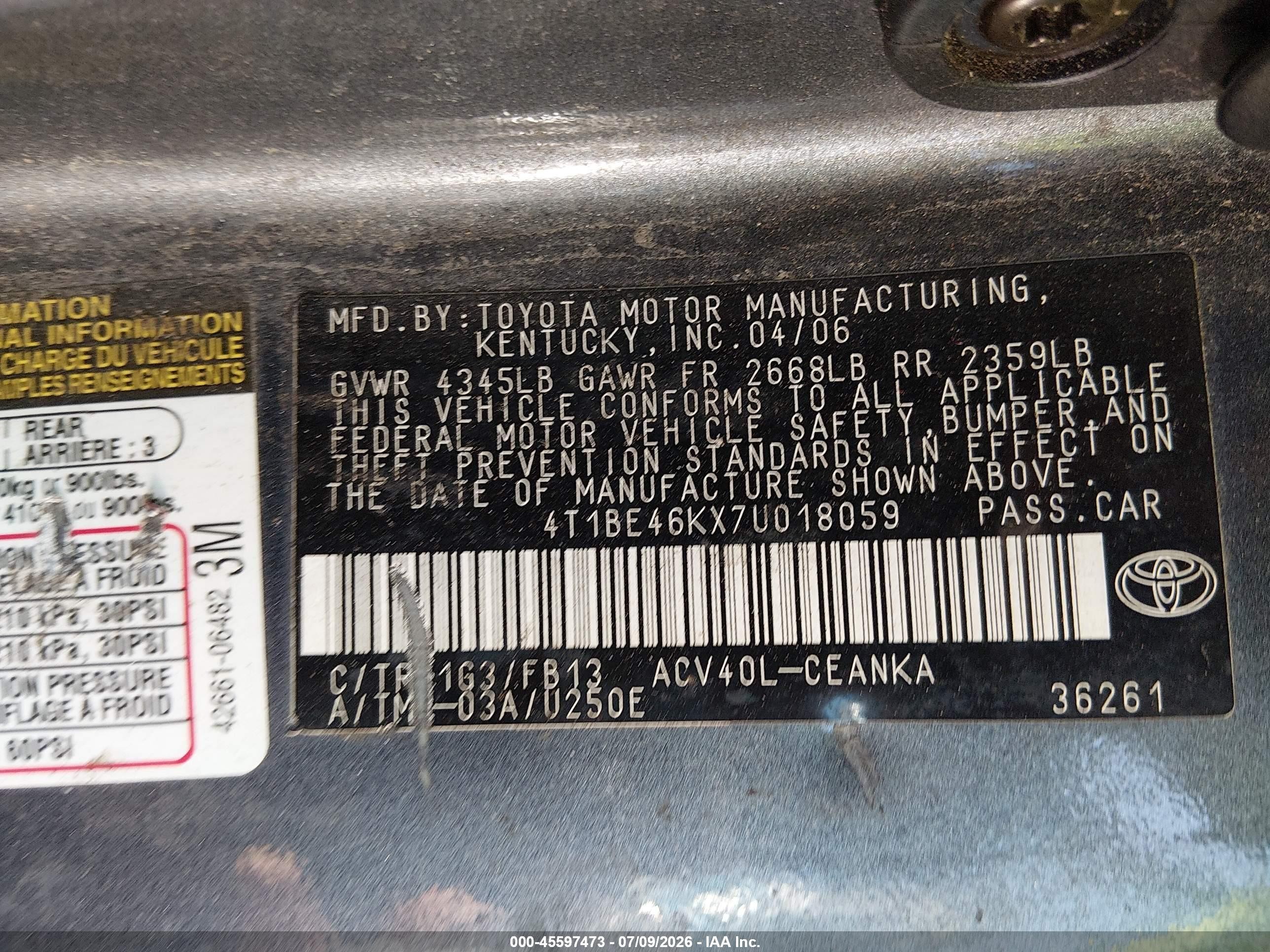 2007 Toyota Camry Le Gray vin: 4T1BE46KX7U018059