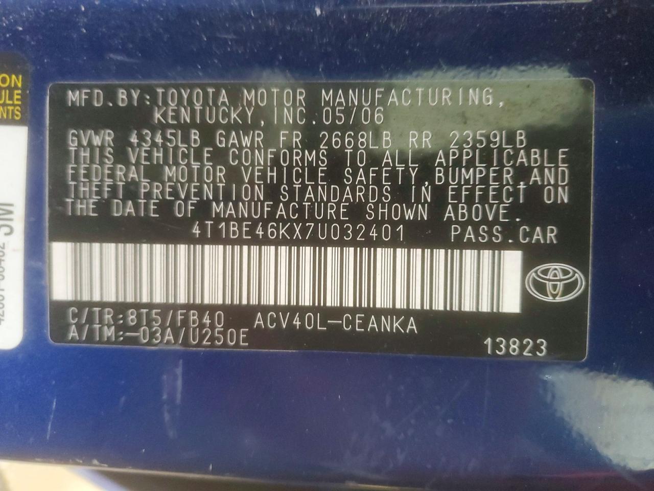 2007 Toyota Camry Le Blue vin: 4T1BE46KX7U032401