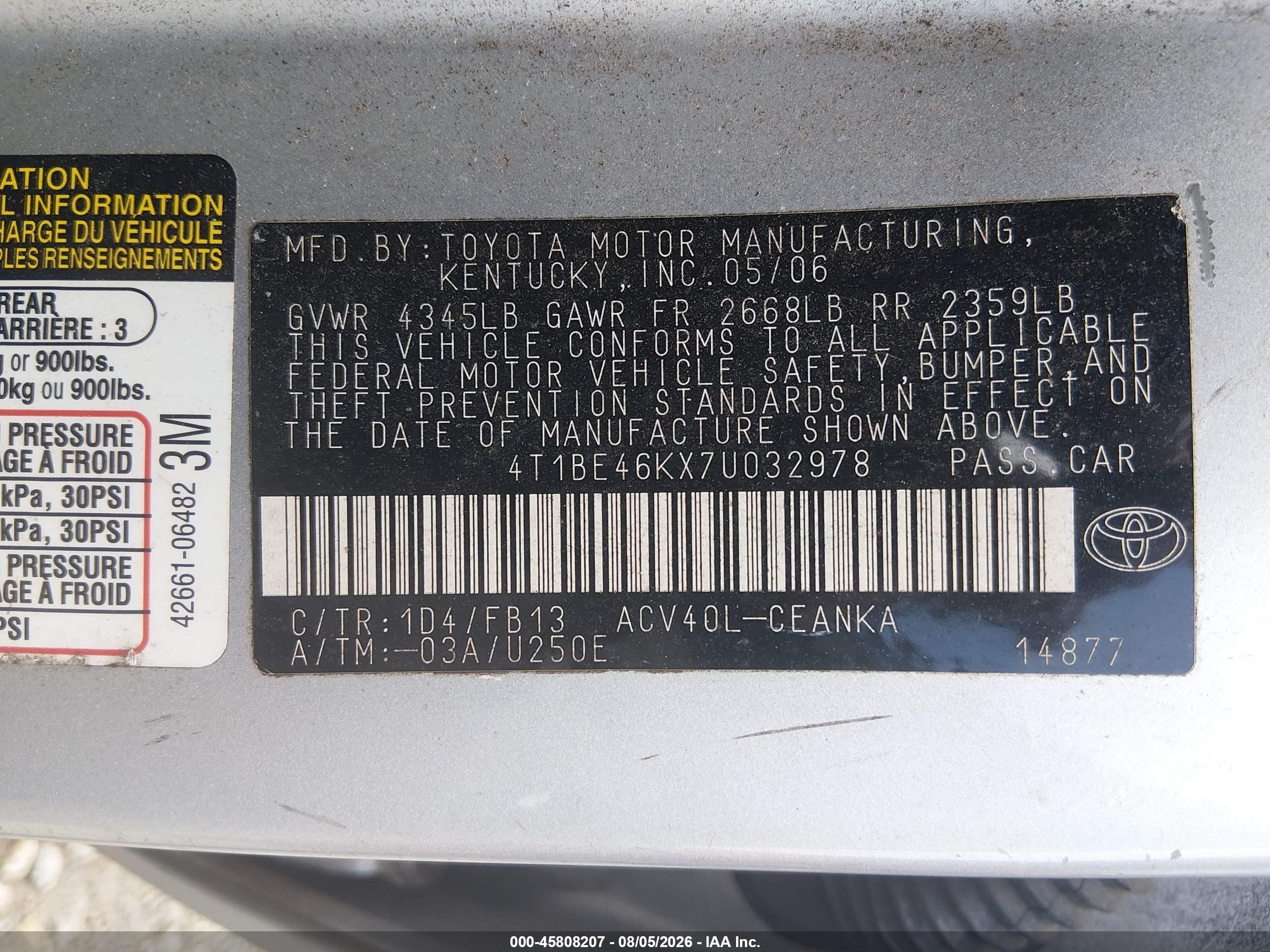 2007 Toyota Camry Le Silver vin: 4T1BE46KX7U032978
