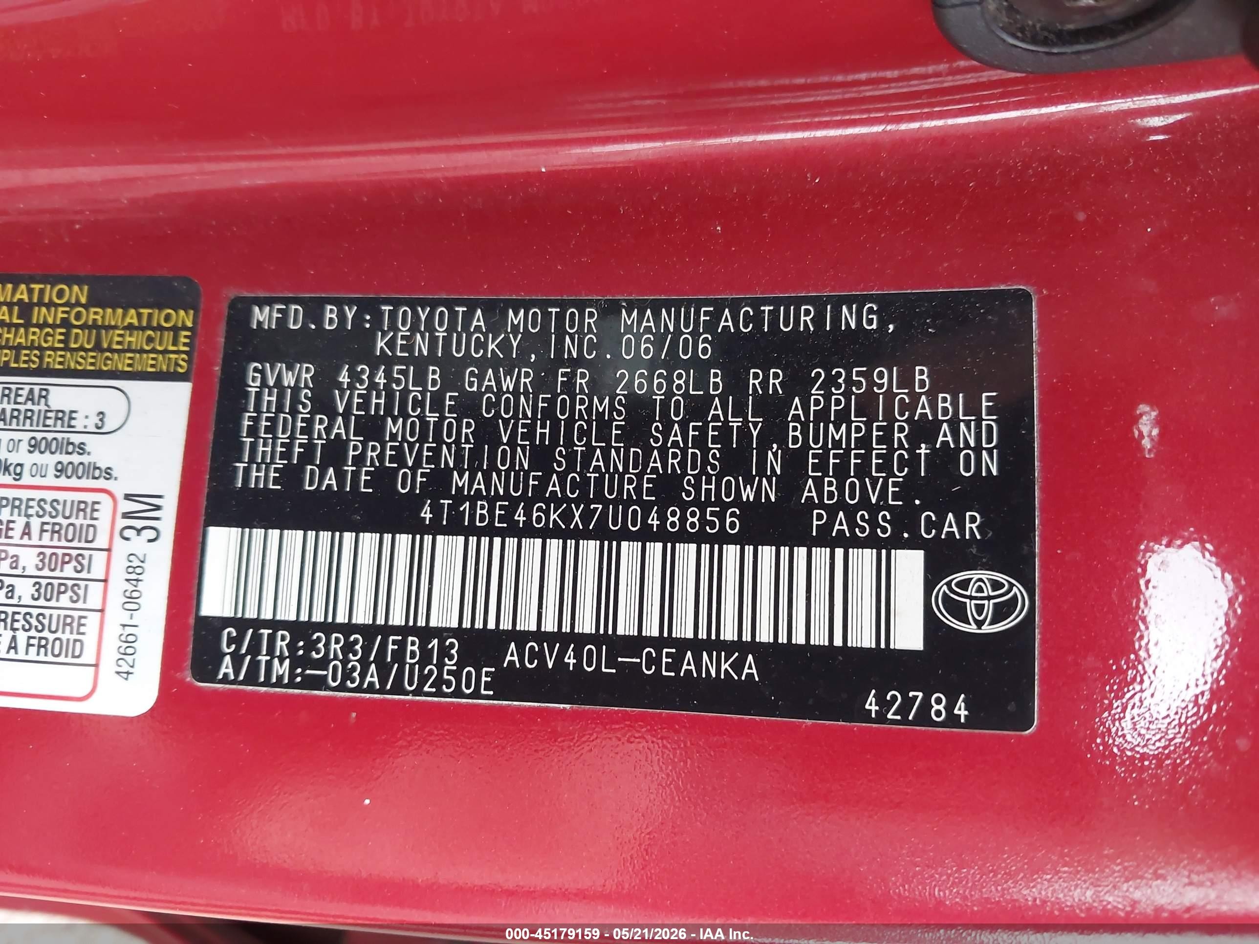 2007 Toyota Camry Le Red vin: 4T1BE46KX7U048856