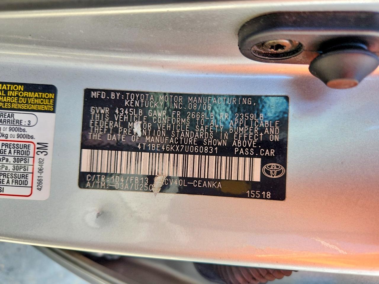 2007 Toyota Camry Le Silver vin: 4T1BE46KX7U060831