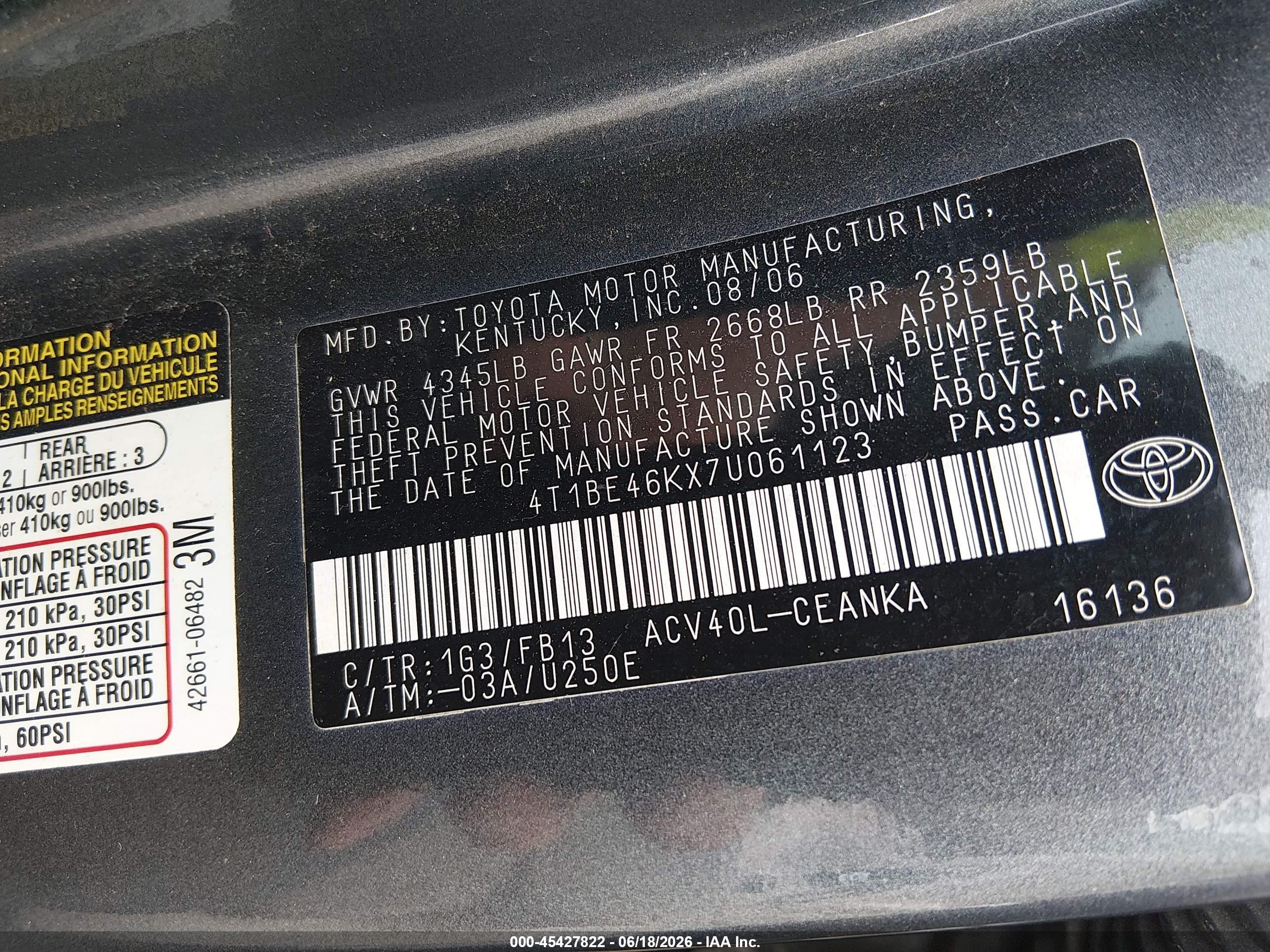 2007 Toyota Camry Le Gray vin: 4T1BE46KX7U061123
