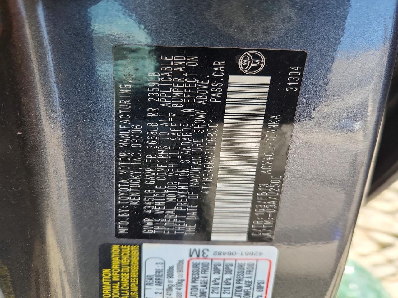 2007 Toyota Camry Le Угольный vin: 4T1BE46KX7U068301