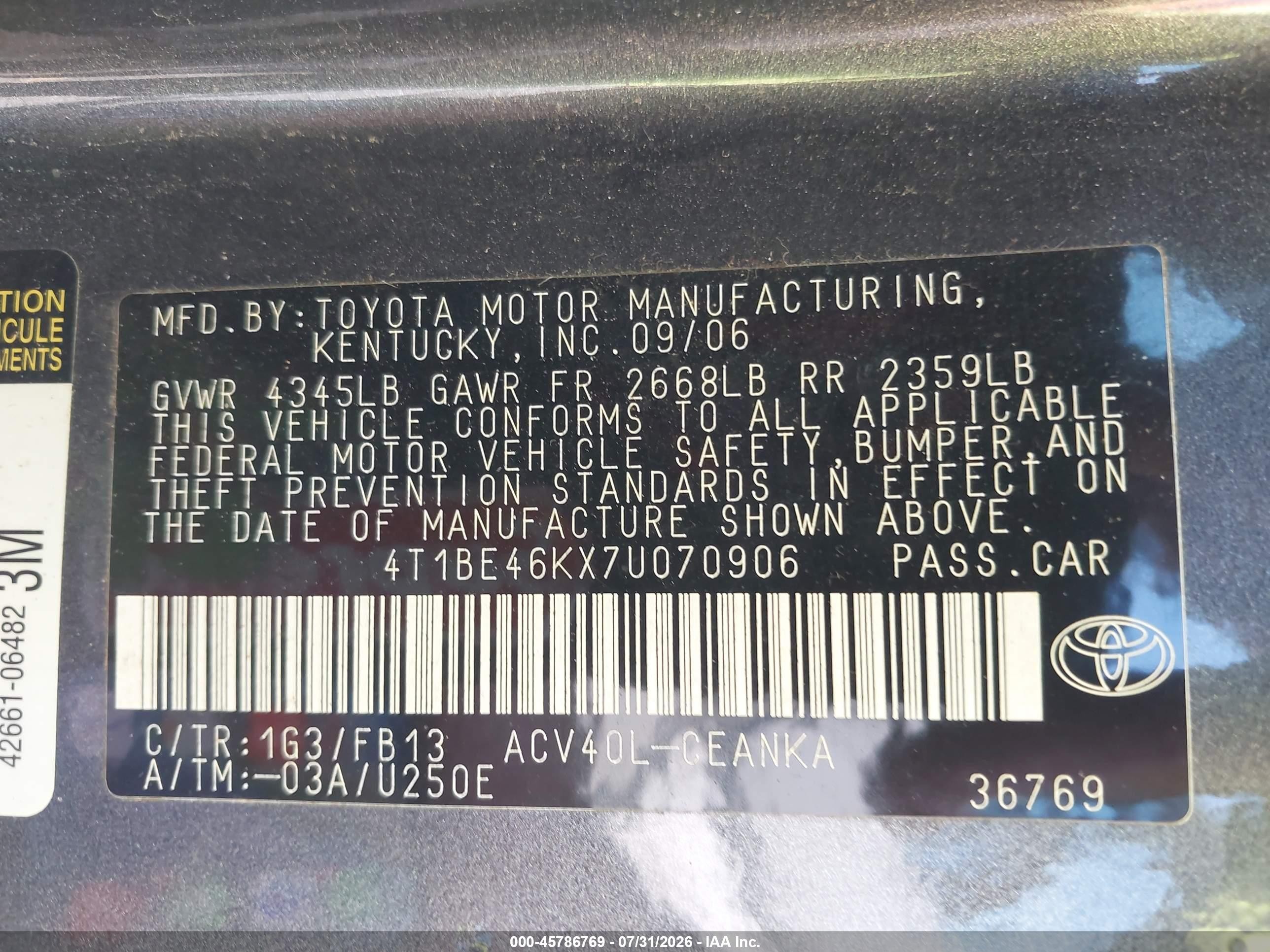 2007 Toyota Camry Ce/le/xle/se Gray vin: 4T1BE46KX7U070906