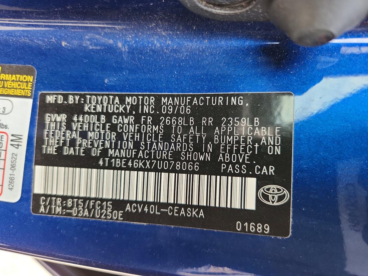 2007 Toyota Camry Se Синий vin: 4T1BE46KX7U078066