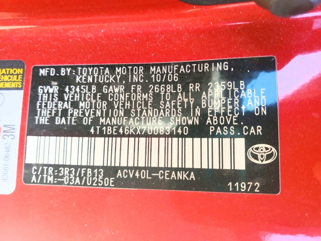 2007 Toyota Camry Le Red vin: 4T1BE46KX7U083140
