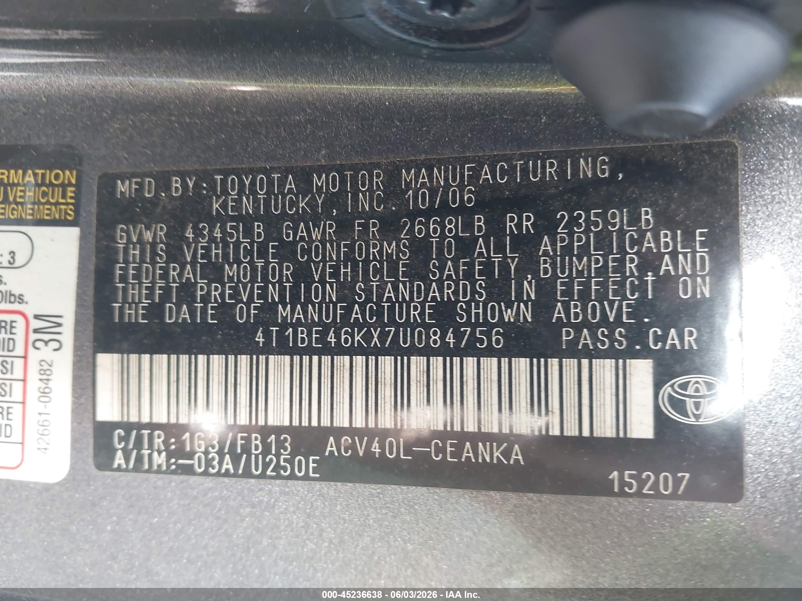 2007 Toyota Camry Le Серый vin: 4T1BE46KX7U084756