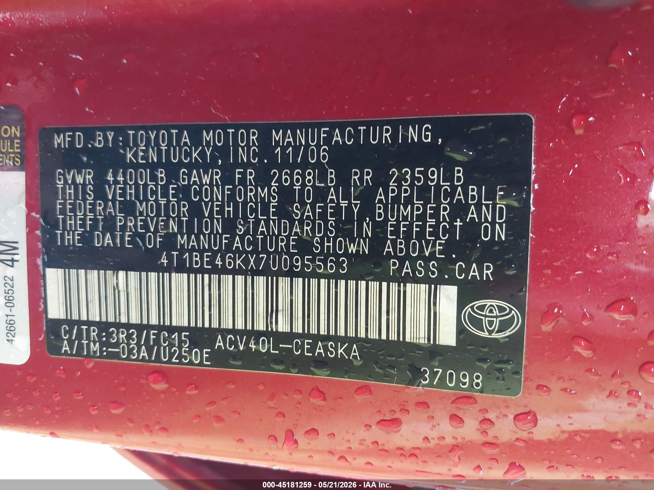 2007 Toyota Camry Se Red vin: 4T1BE46KX7U095563