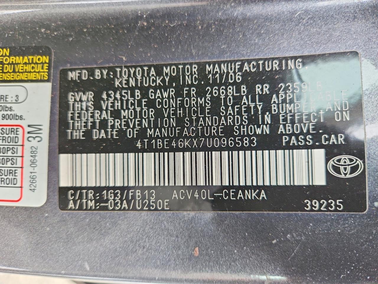 2007 Toyota Camry Ce Gray vin: 4T1BE46KX7U096583