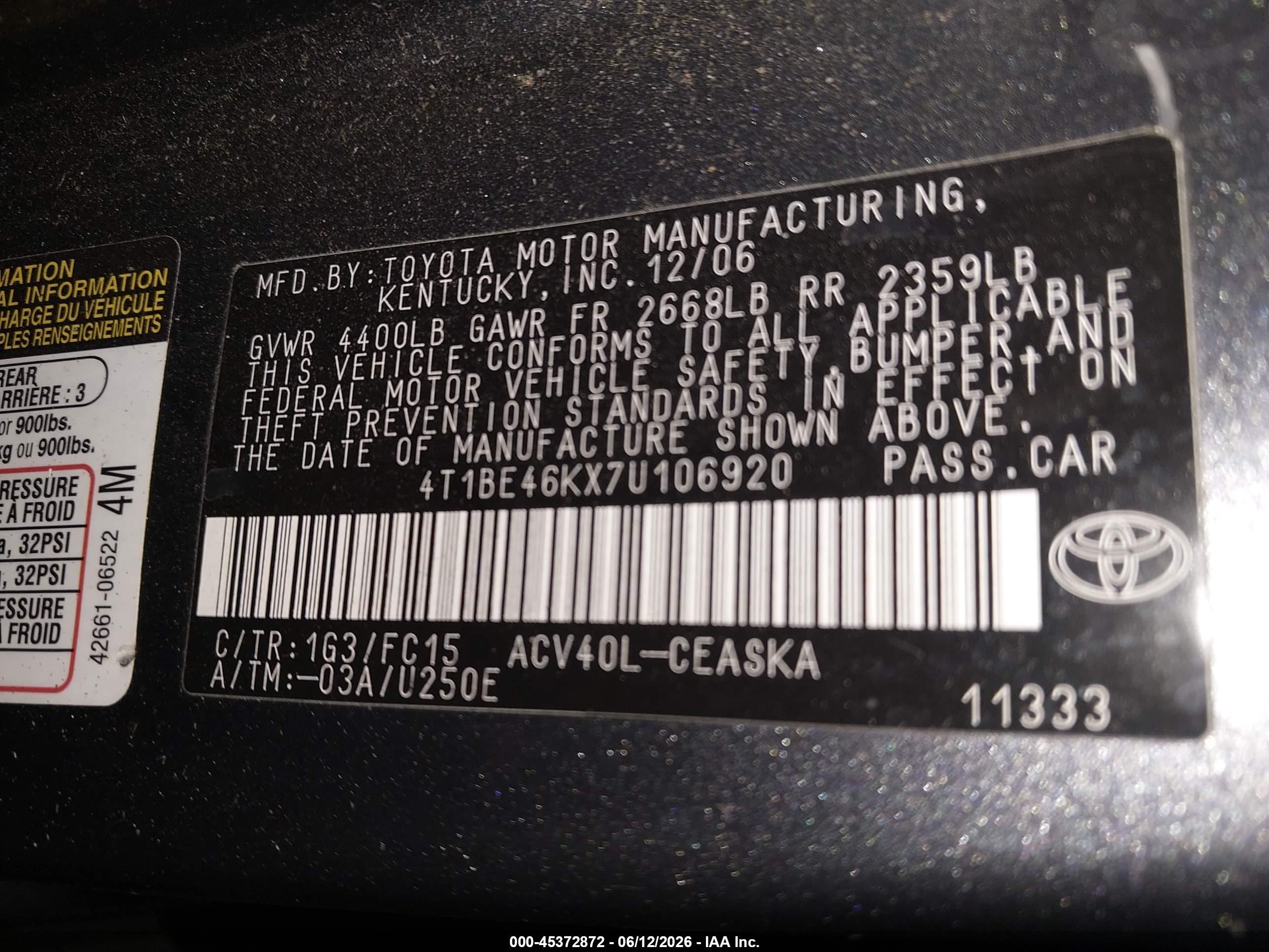 2007 Toyota Camry Se Gray vin: 4T1BE46KX7U106920
