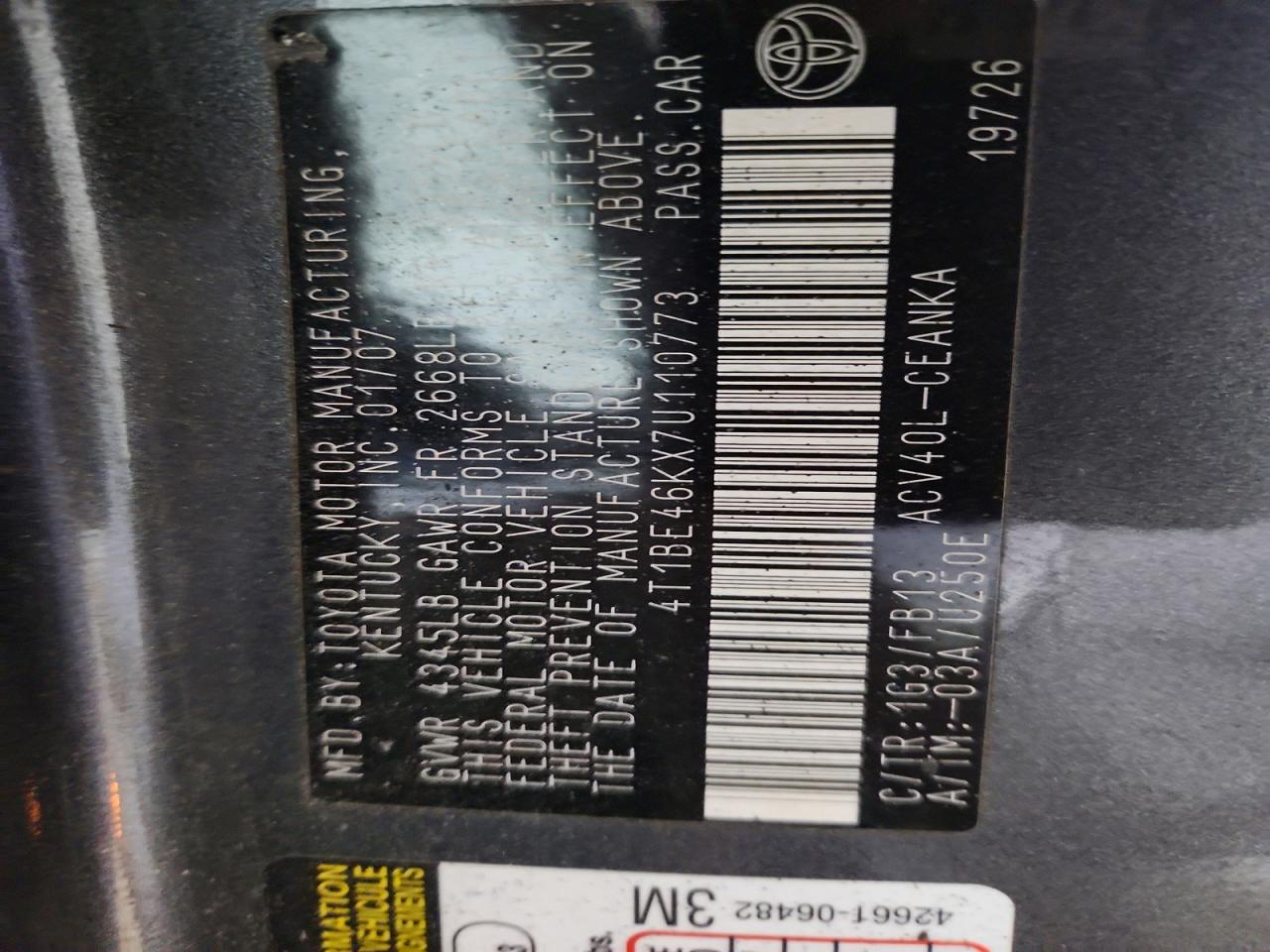 2007 Toyota Camry Le Charcoal vin: 4T1BE46KX7U110773