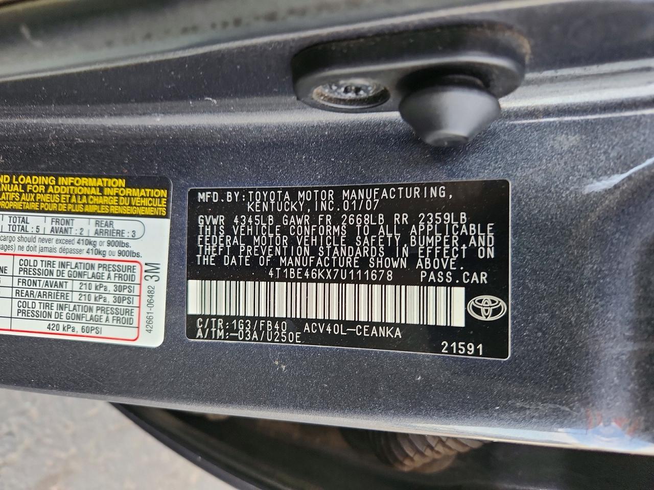 2007 Toyota Camry Le Gray vin: 4T1BE46KX7U111678